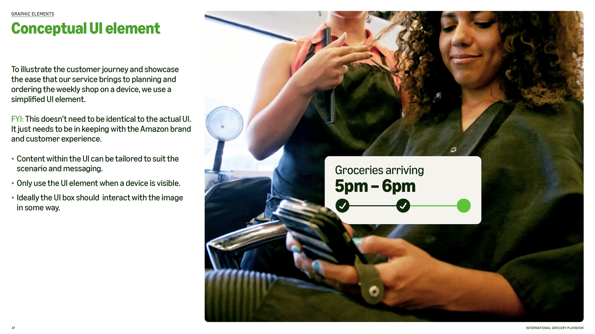 Two women are examining a smartphone, with one woman holding it in her hands. The background shows a fan and a bright indoor setting. There is a white overlay with green text indicating grocery delivery arriving from 5pm to 6pm.