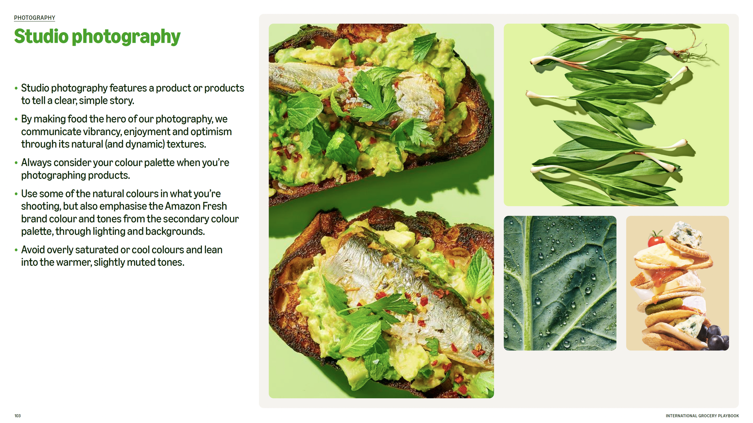 Page from a photography guide with tips on food and product photography, accompanied by images of food, green leaves, and herbs.