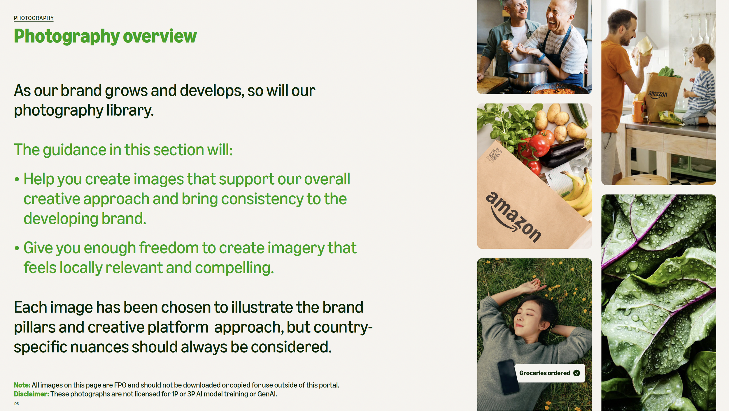 A collage of images related to photography and the Amazon brand on a webpage. Top right shows two people cooking and laughing in a kitchen. Middle right shows a man and a boy with grocery bags, one labeled 'Amazon.' Bottom right depicts a leafy plant