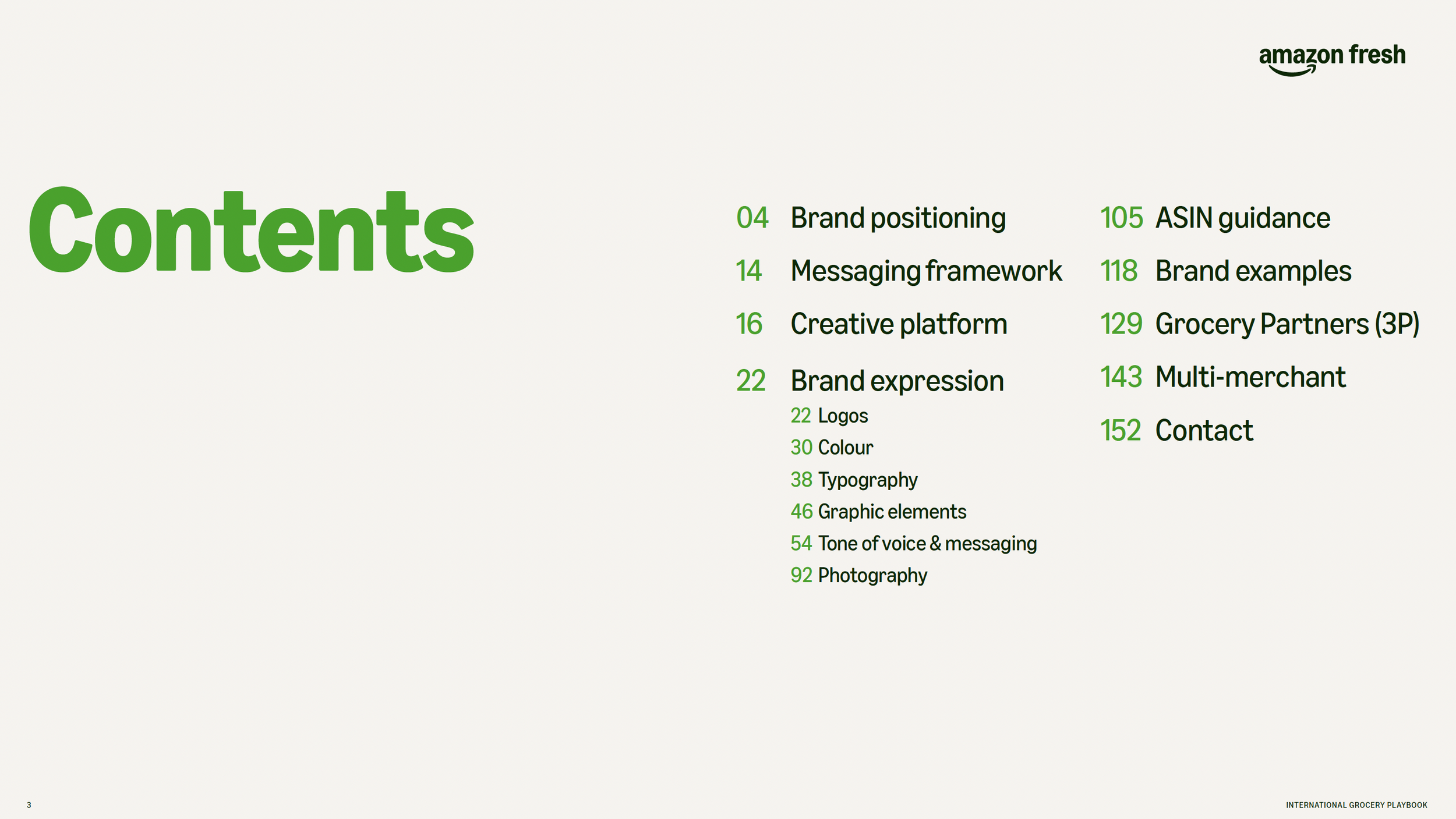 Table of contents page from a presentation or booklet, with sections on brand positioning, messaging framework, creative platform, brand expression, and other topics related to branding and grocery partnerships, presented in green text.