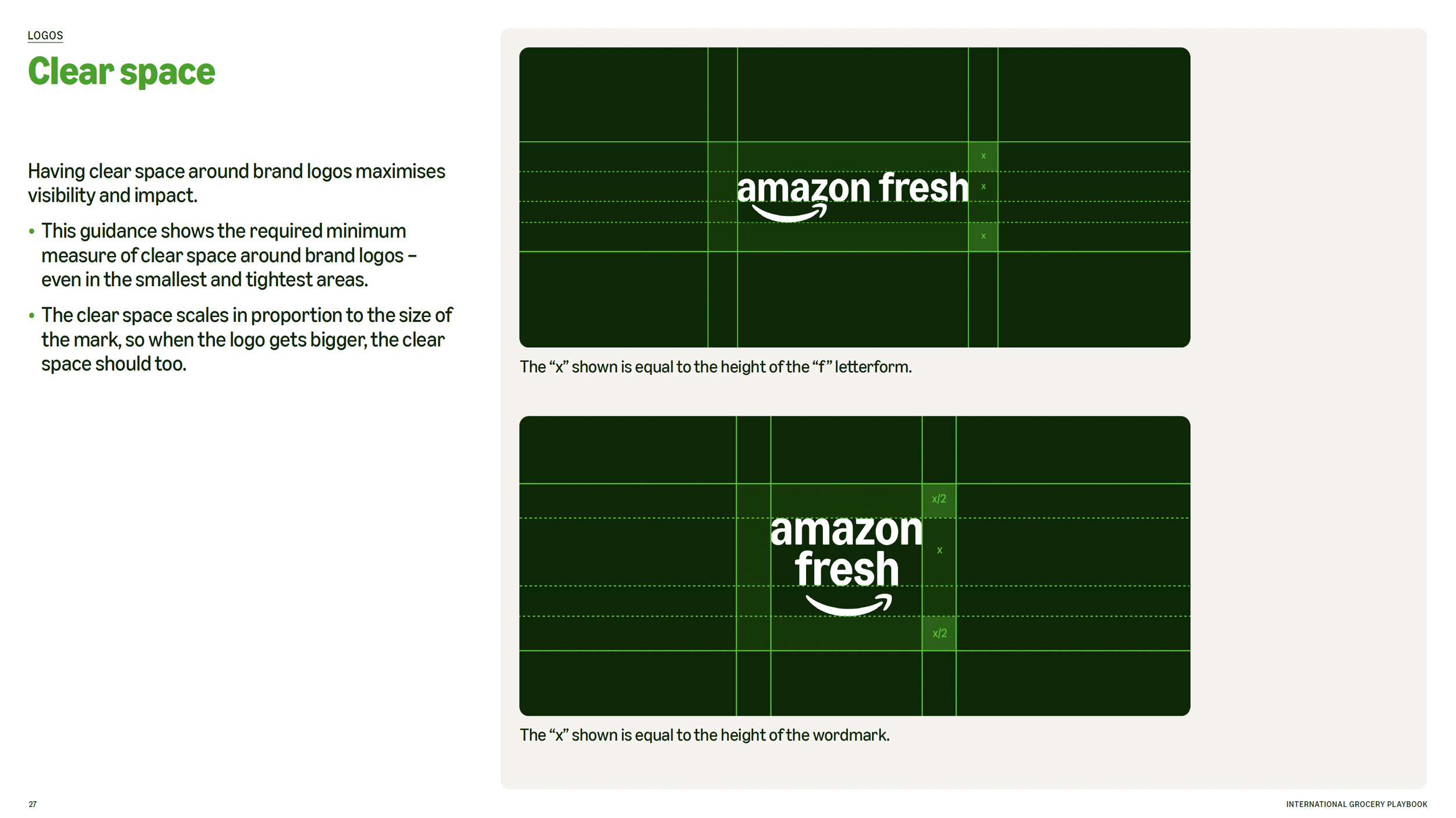 Guide showing the recommended minimum clear space around Amazon Fresh brand logos, represented by green boxes with grid lines and the Amazon Fresh logo marked in white on a dark green background.