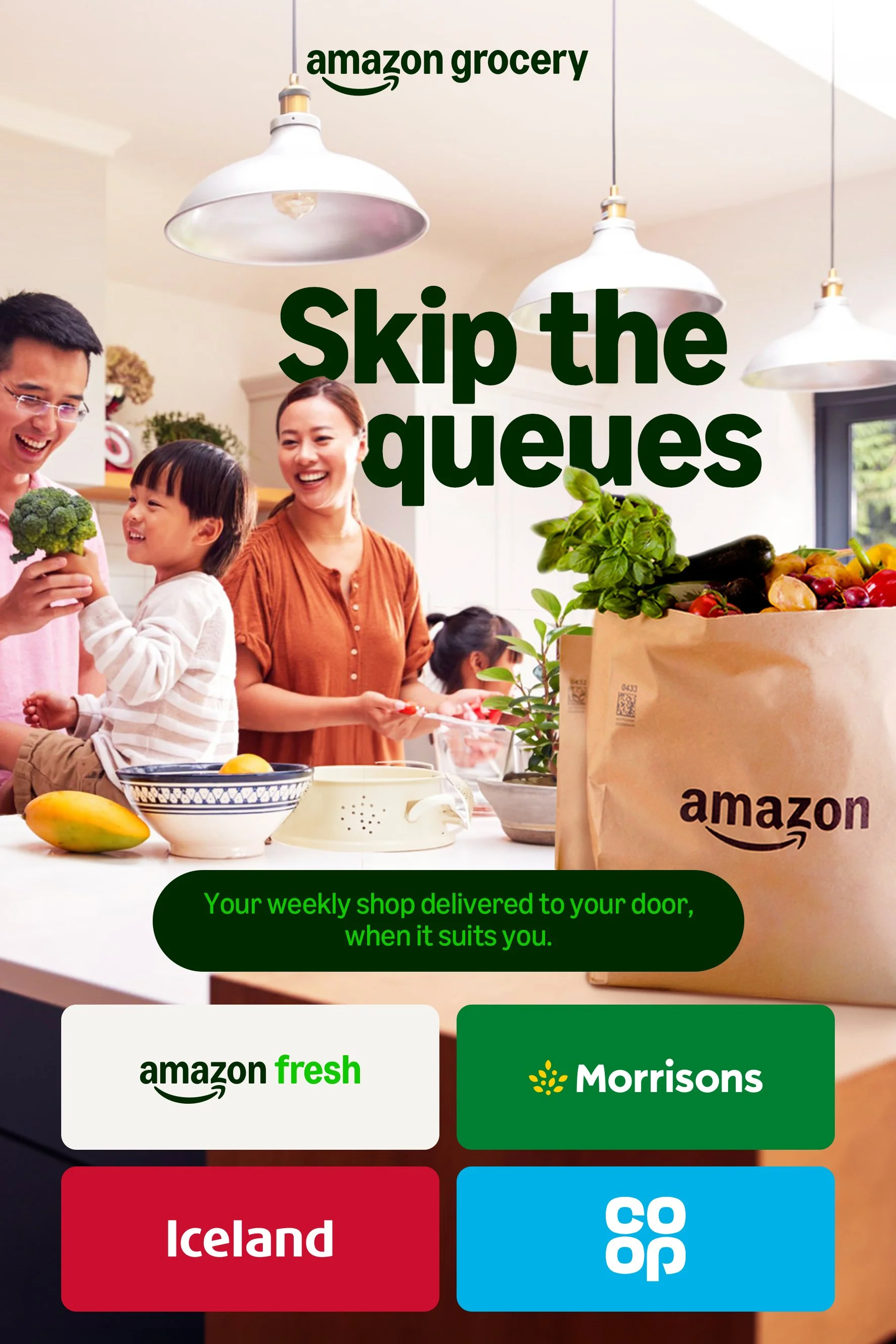 A promotional image for Amazon Grocery showing a family shopping with a background of kitchen lighting and grocery items. The image features the Amazon logo and the tagline 'Skip the queues.' The lower part shows logos for Amazon Fresh, Morrisons, Iceland, and Co-op, with a green banner that says 'Your weekly shop delivered to your door, when it suits you.'
