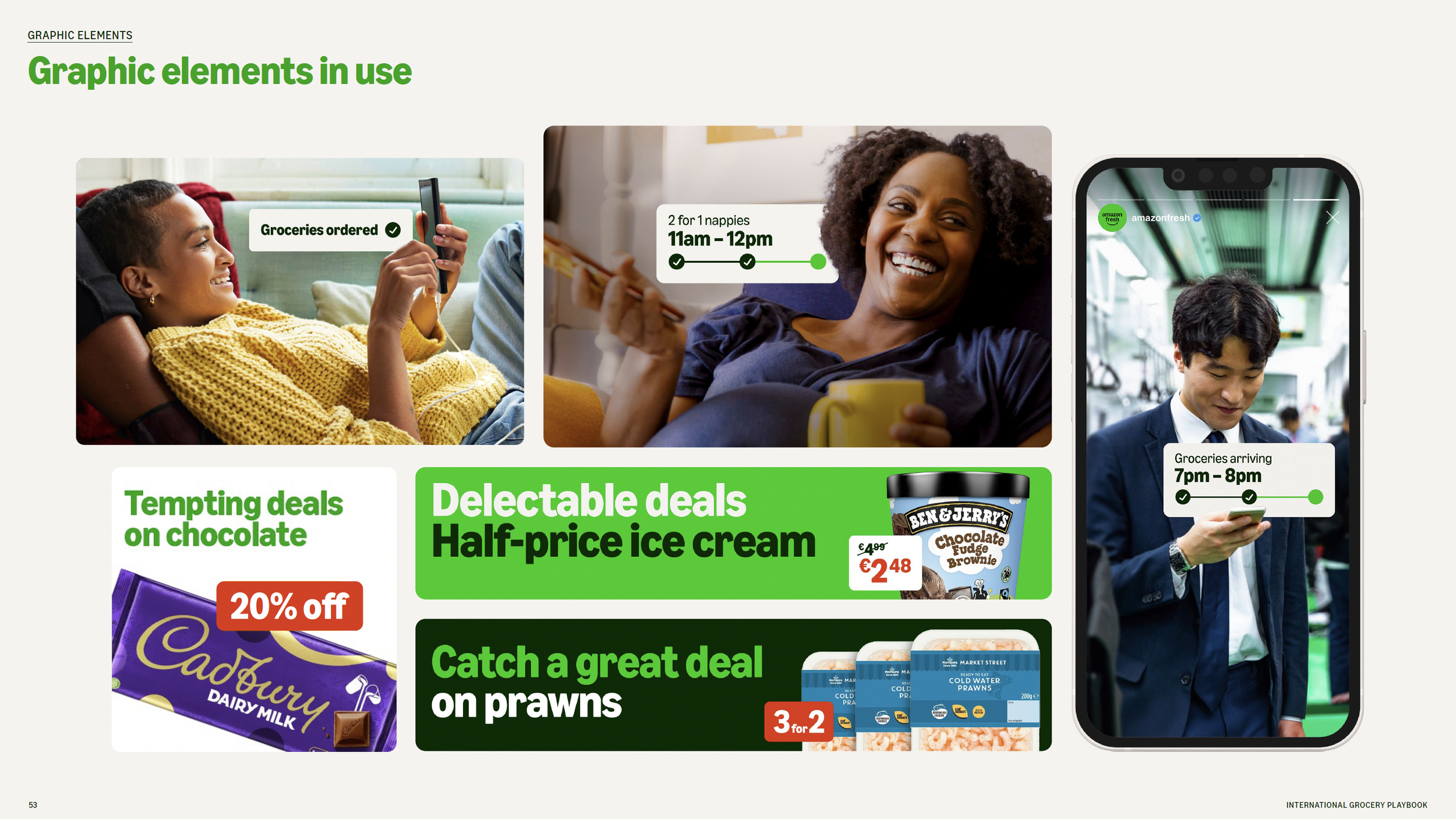 A grocery store advertisement page displaying various deals and promotional images, including a woman shopping on her phone, a woman smiling holding a cup, and a man looking at his phone with groceries arriving notification.