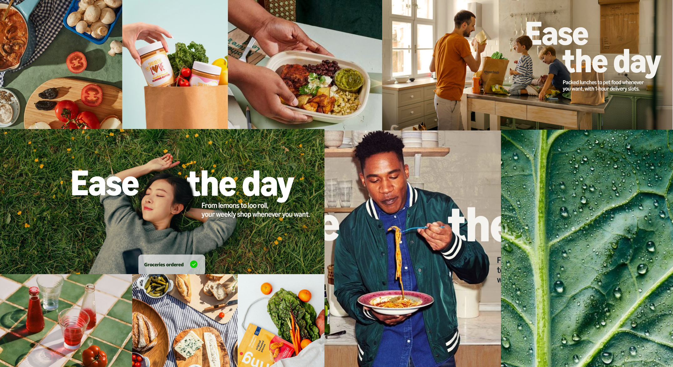 Collage of various scenes including a person resting on grass with a phone, people preparing and eating food, grocery shopping, and a close-up of a dewy green leaf.