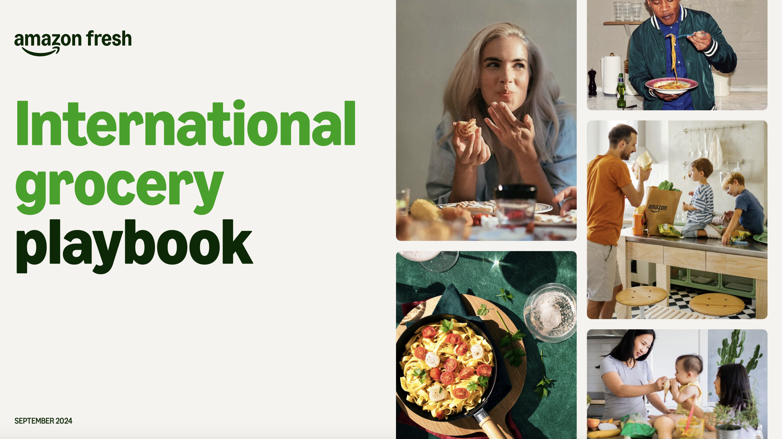 Cover page of a grocery playbook for international grocery shopping, featuring images of people enjoying meals and grocery shopping, with the title "International grocery playbook" in large green text and the Amazon Fresh logo at the top left.