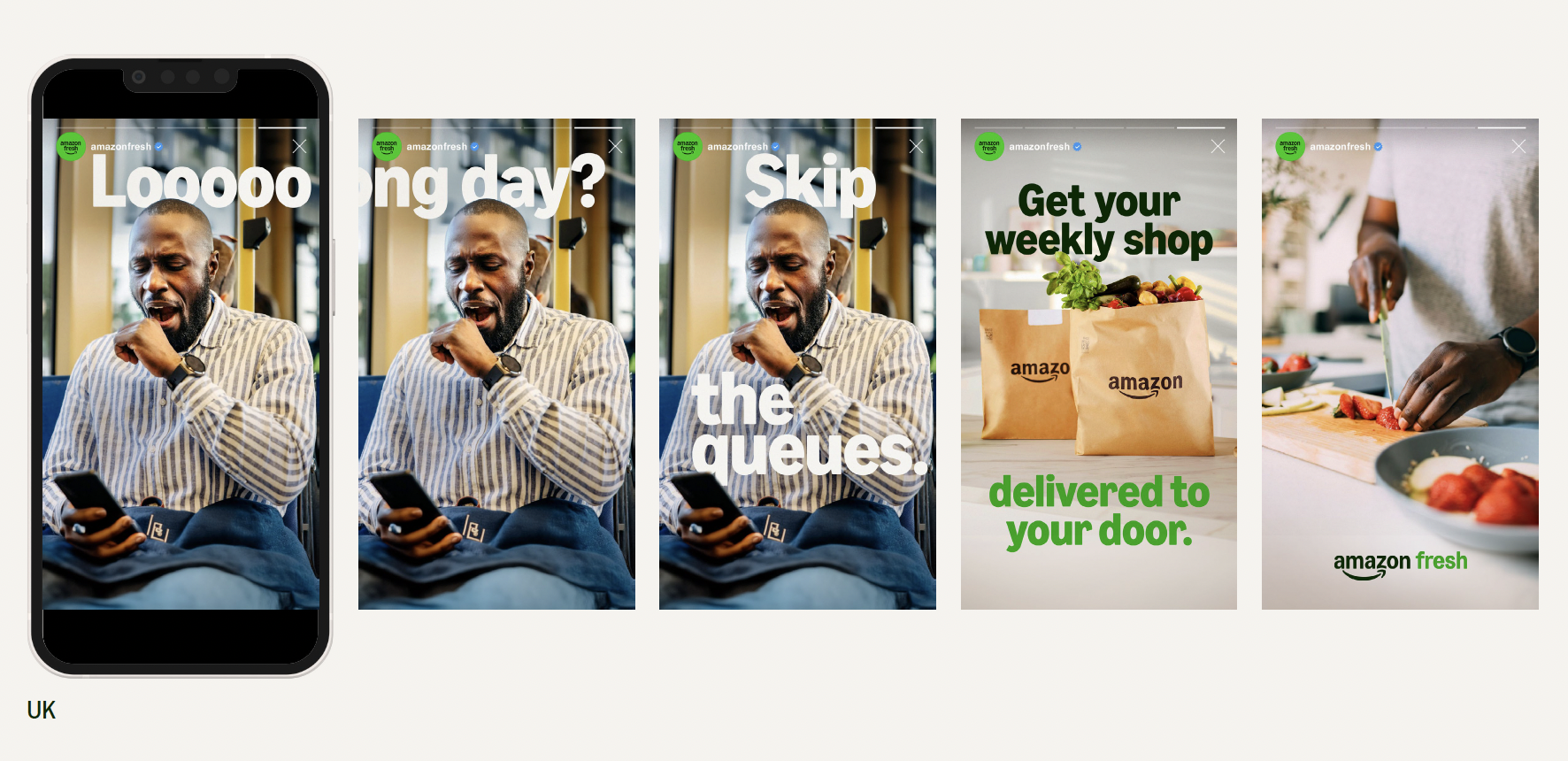 A series of Amazon Fresh ads showing a man yawning and waking up, with text asking 'Long day? Skip the queues.' followed by an ad promoting weekly grocery delivery to your door, with images of paper grocery bags and a person chopping strawberries.