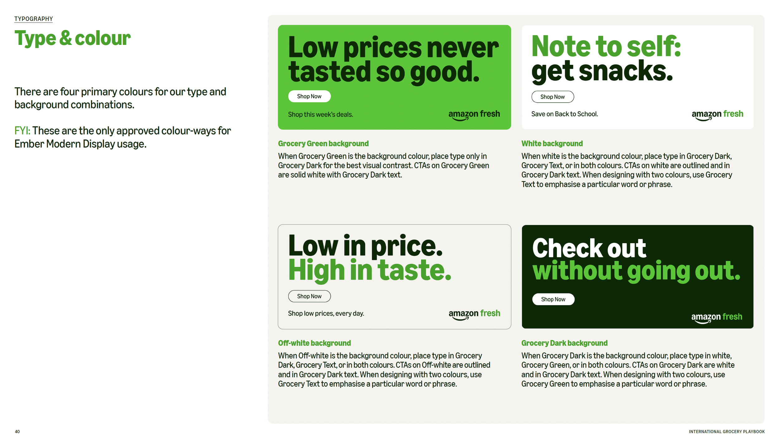 Page from a design guide showing different background and text color combinations for creating grocery store displays, with examples in green, white, off-white, and dark green backgrounds. The page includes headings, sample text, and descriptions of 