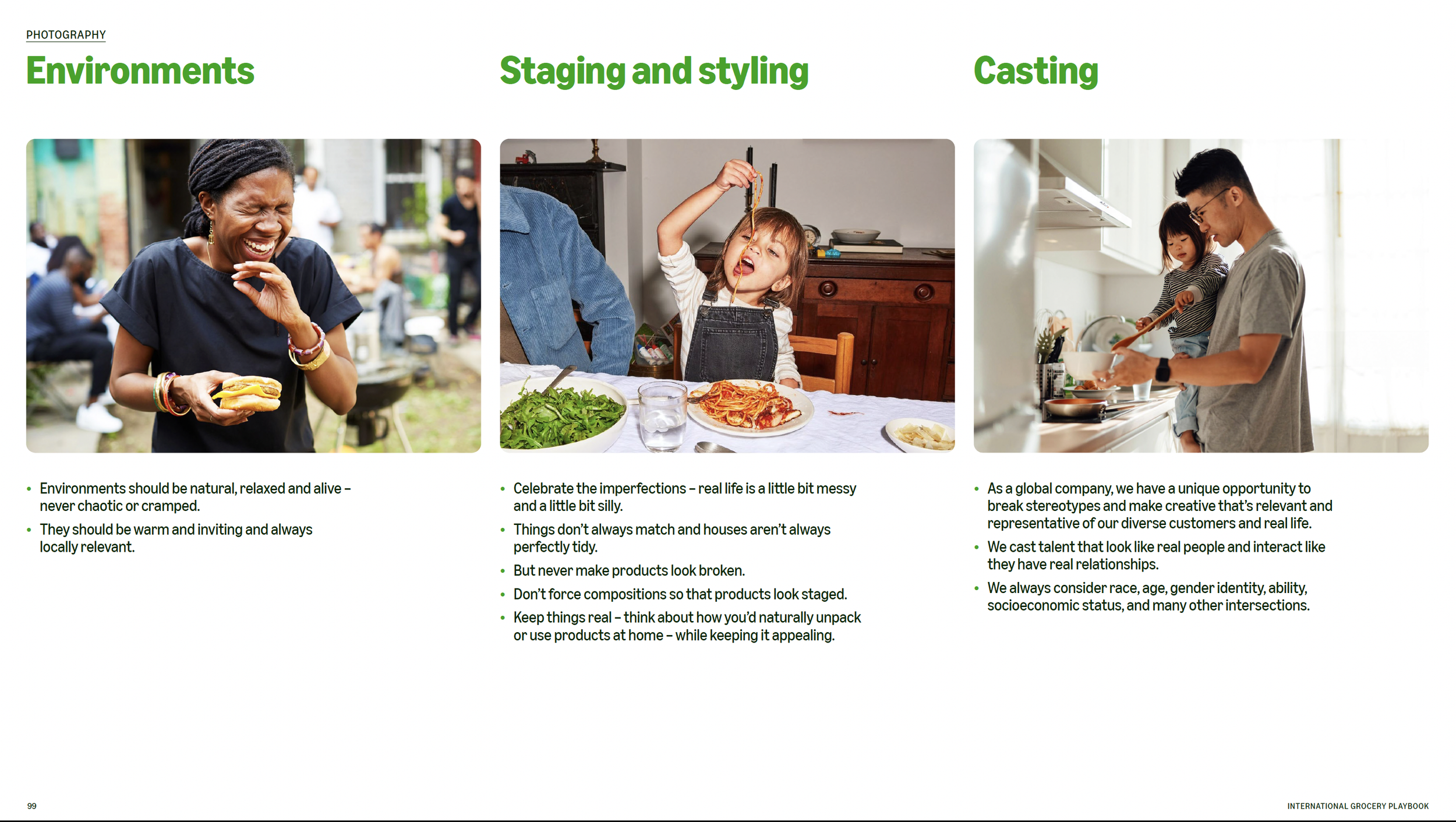 A collage of three photos: on the left, a woman laughing outdoors at a gathering; in the middle, a young girl eating spaghetti at a dining table; on the right, a man cooking in a kitchen with a child on his back.
