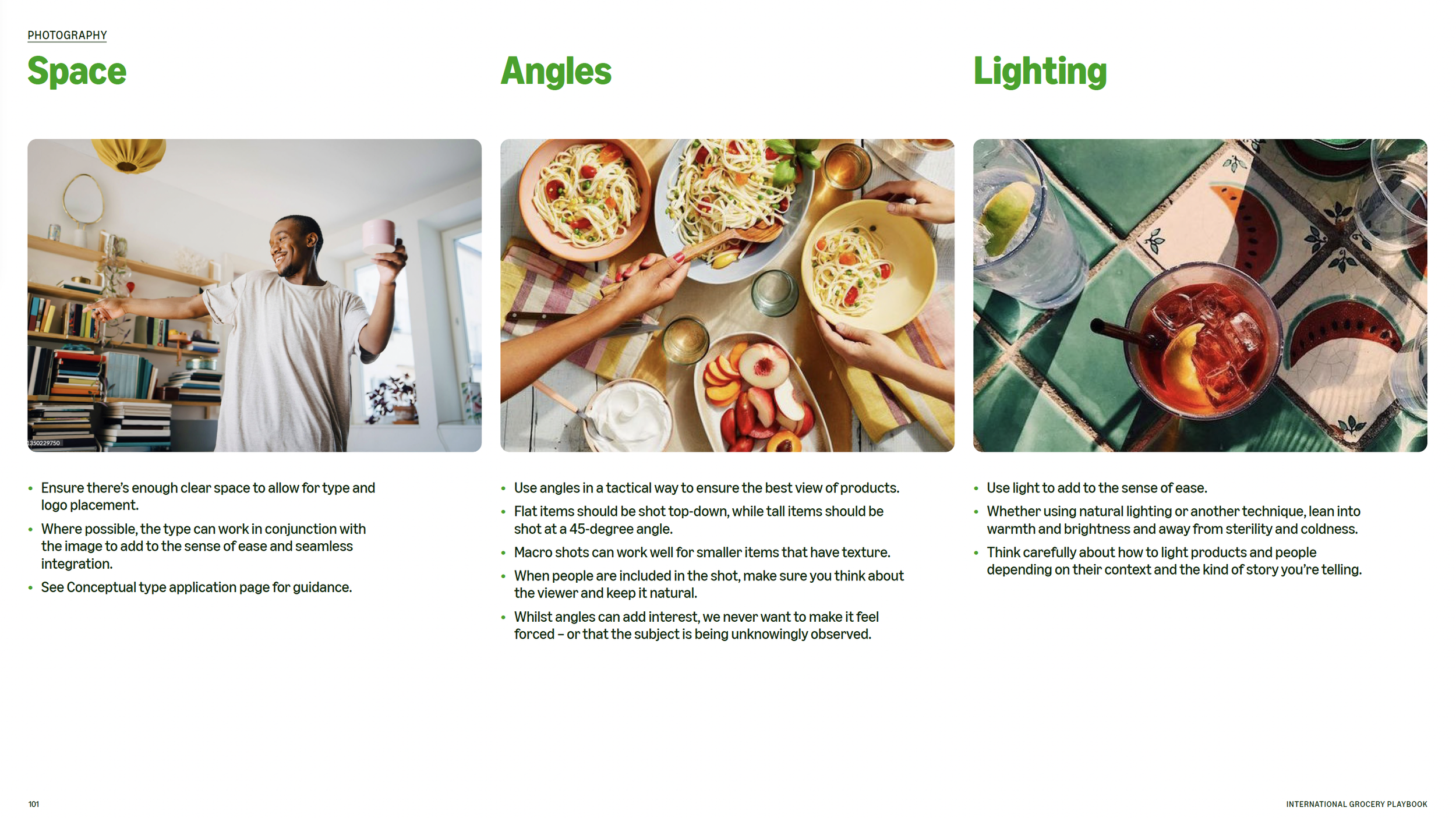 A page from a guide or magazine with sections titled 'Space', 'Angles', and 'Lighting.' The 'Space' section features a smiling man in a white shirt with arms outstretched, standing in a room with bookshelves. The 'Angles' section shows a top-down vie