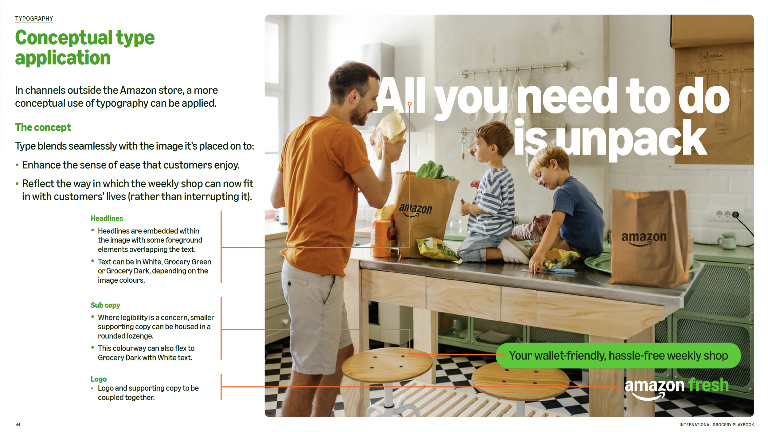A man and two children in a kitchen with Amazon grocery shopping bags on the counter. The man is holding a grocery item, and the text overlay says 'All you need to do is unpack.'