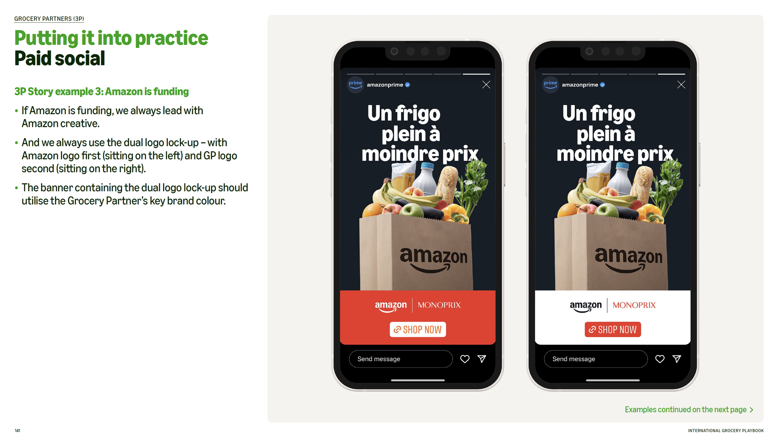 Two smartphone screens showing Amazon Prime shopping app with a grocery bag filled with fruits, vegetables, a bottle of water, and bread. Text on the screens states, 'Un frigo plein à moindre prix'.