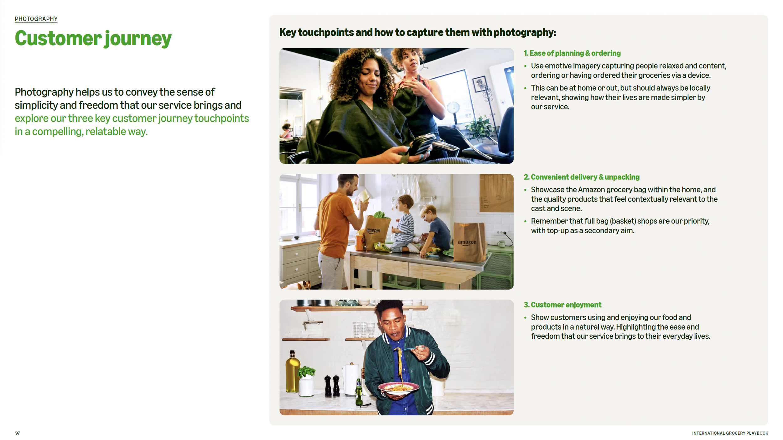 Photographs illustrating key touchpoints in the customer journey for grocery delivery and service: a woman getting her hair styled in a salon, a man and two children unpacking Amazon grocery bags in a kitchen, and a person enjoying a meal in a dining