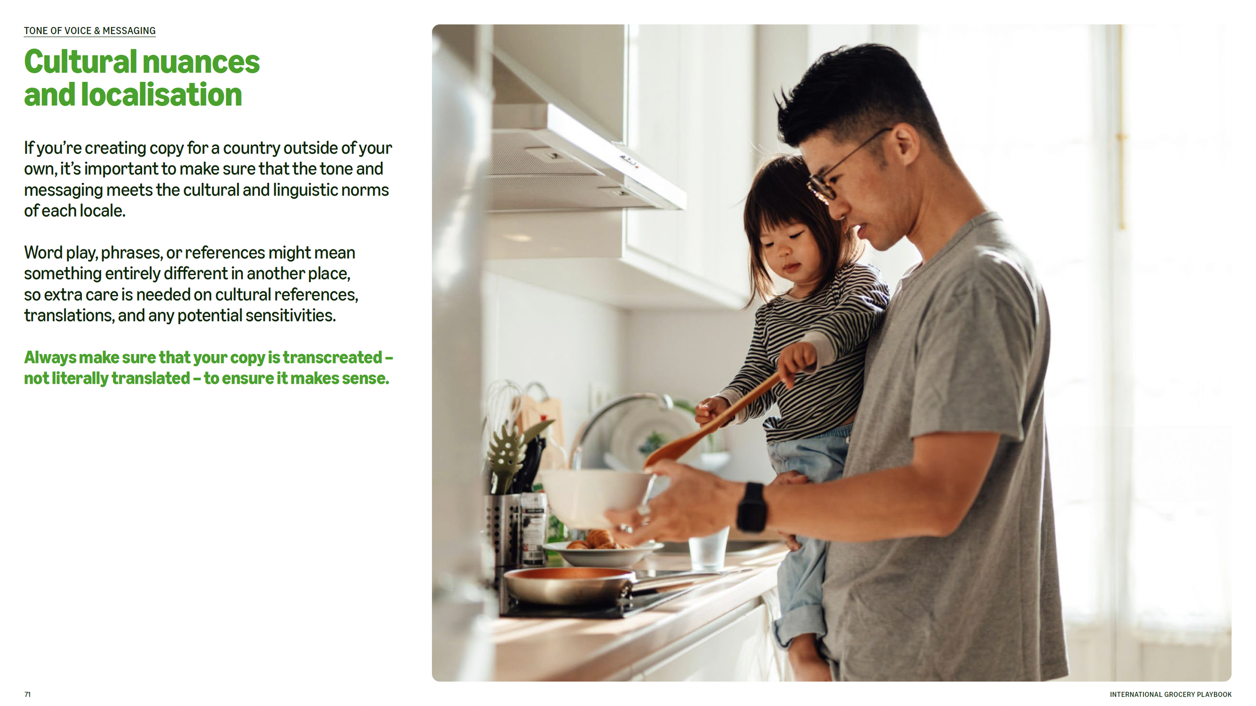 A man and a young girl are standing in a bright kitchen, preparing food together. The man is holding a bowl while the girl is stirring with a spoon, engaging in an activity at the kitchen counter.