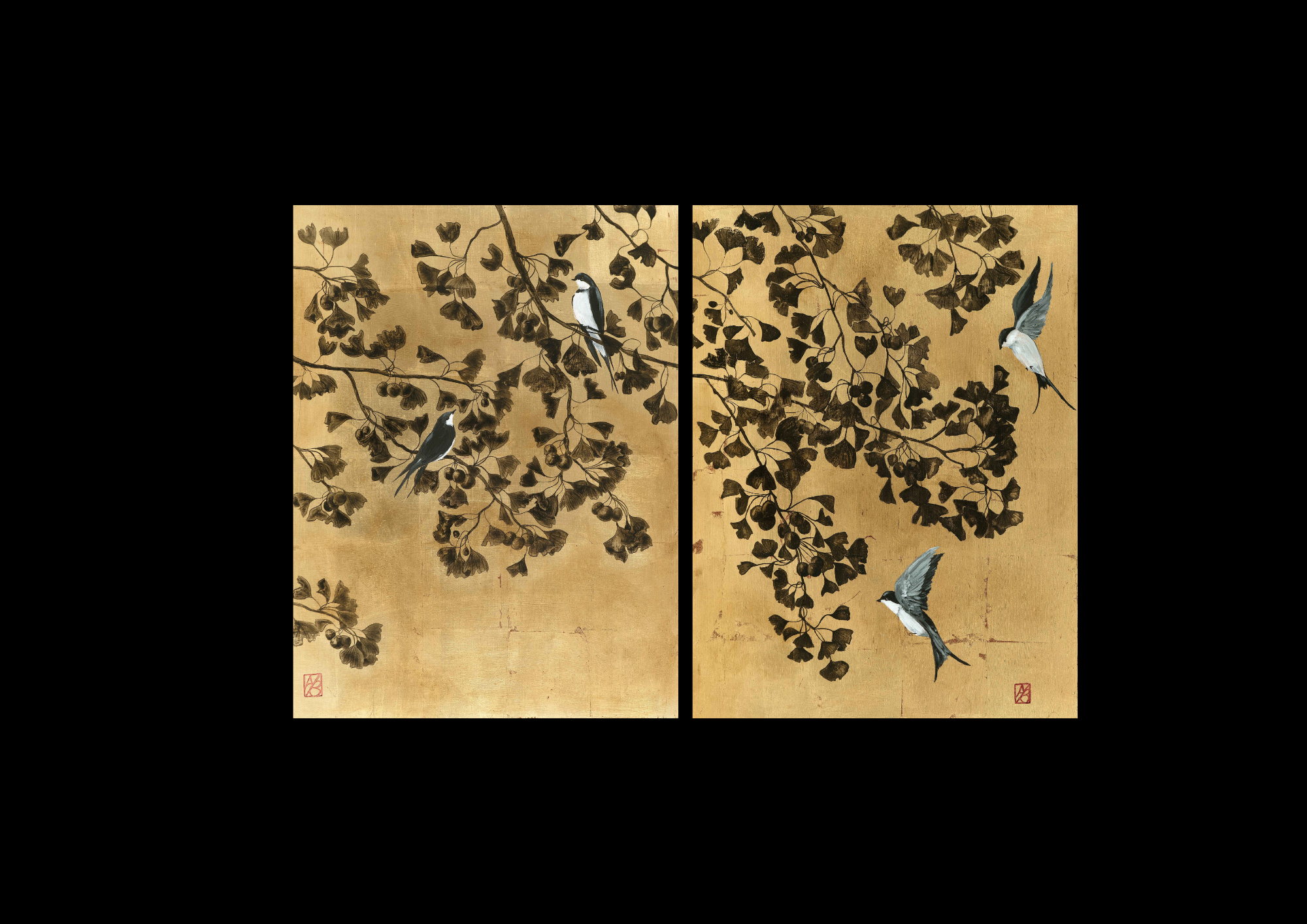 Coppia insieme delle due tavole con ramo di ginko e rondini 120x80