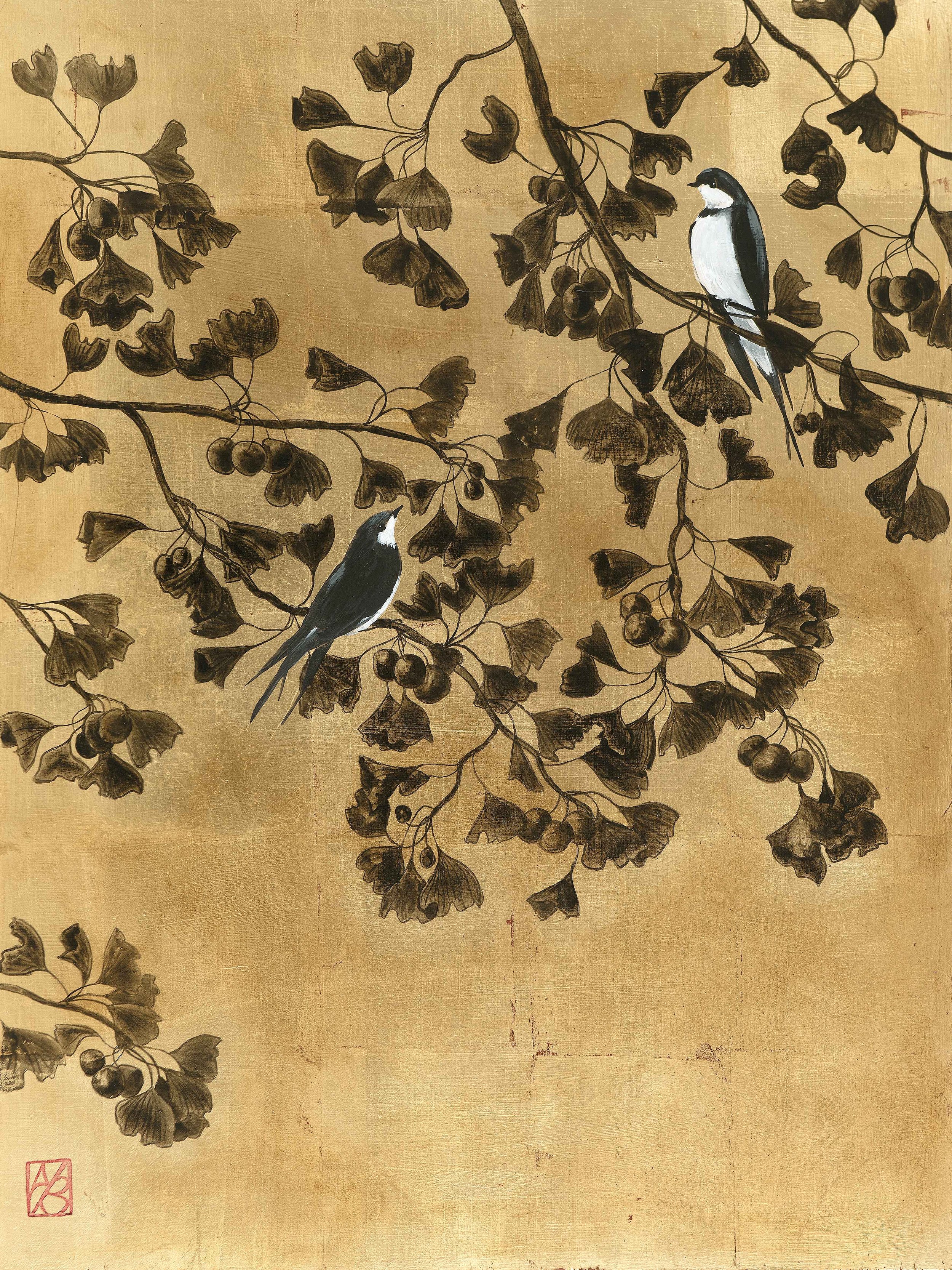 Ramo di ginko con rondini - Tavola sinistra 60x80 - foglia oro, china e acrilico 2024