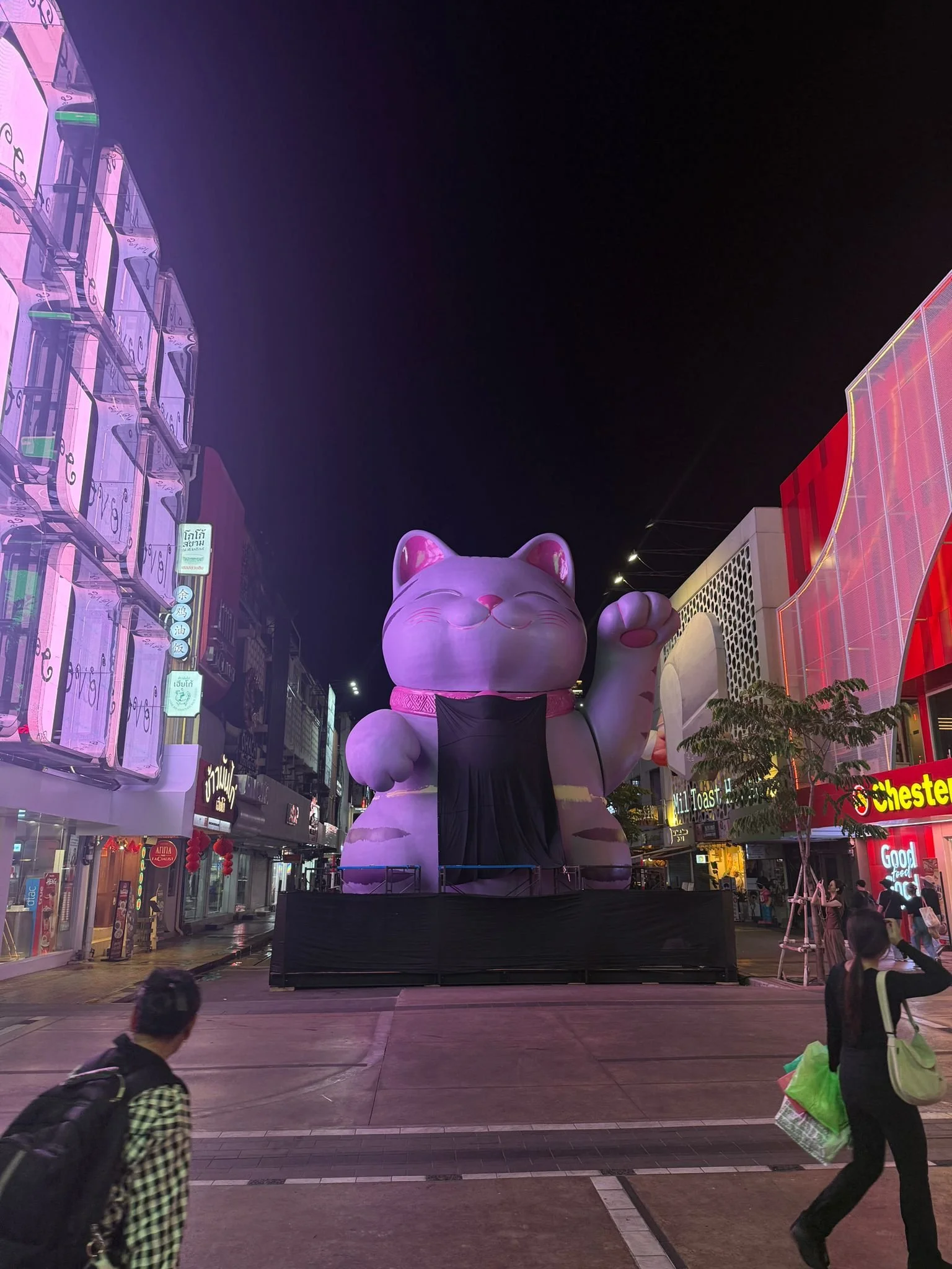 Large illuminated display of a giant white maneki-neko (lucky cat) statue at night in a commercial district, surrounded by people and colorful signage.