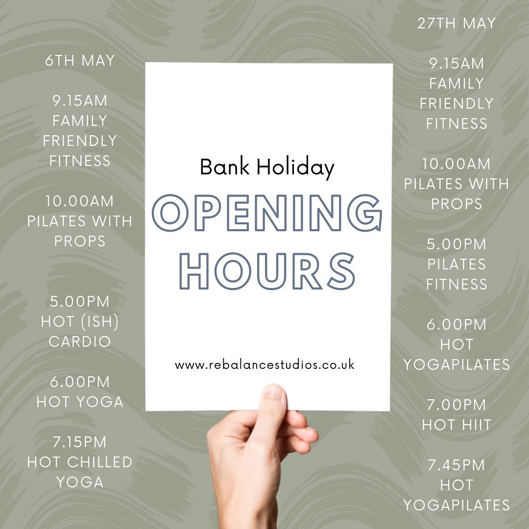 B A N K  H O L I D A Y  V I B E S
🔘
With May just around the corner I have finalised our bank holiday timetable.

May 6th-
9.15am Family Friendly Fitness (basically everyone welcome) Lucy
10.00am Pilates with Props - Lucy
5.00-5.45pm Hot (ish) Hiit/