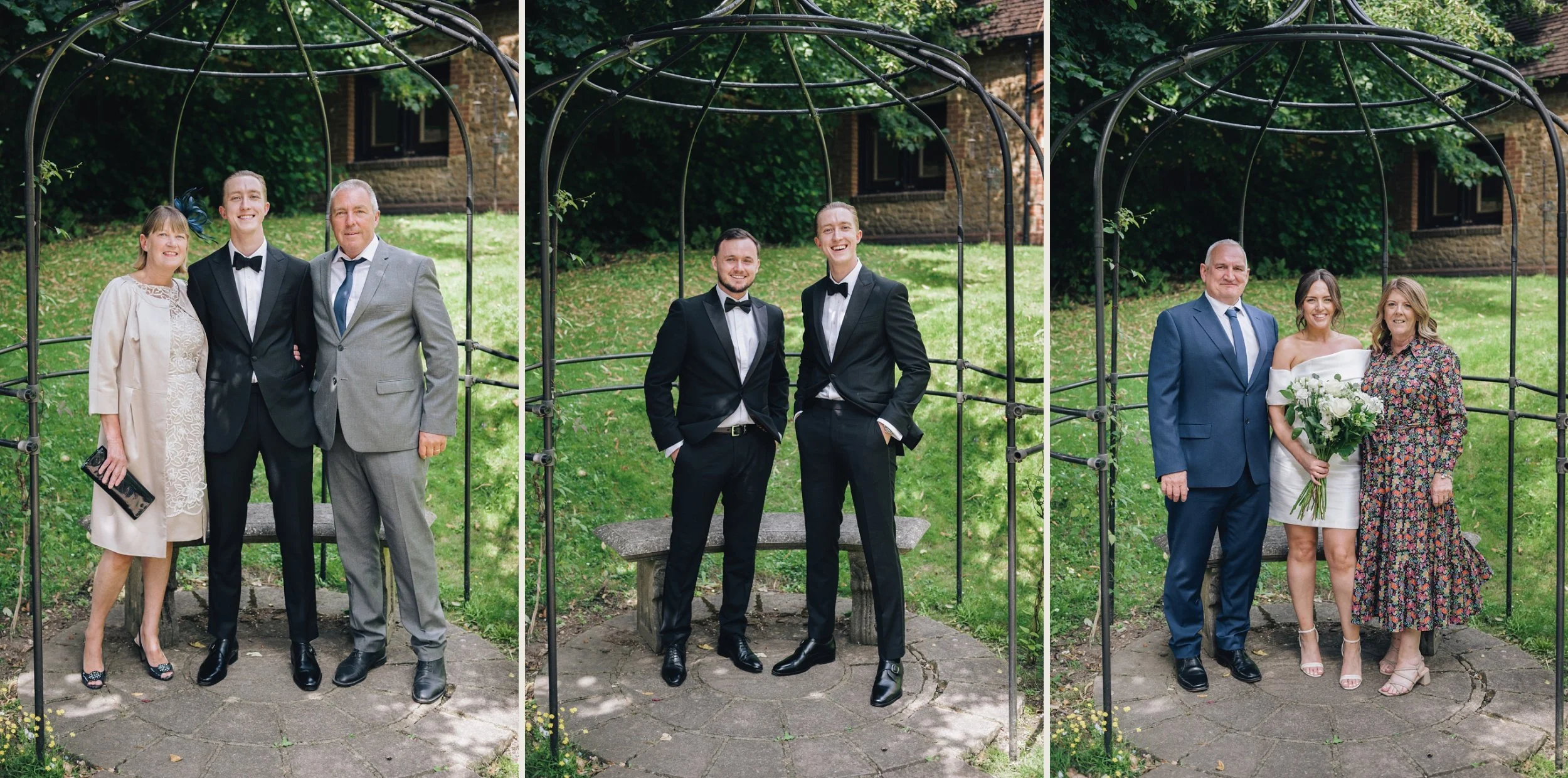 Various wedding guests ask the photographer to take photo portraits of them with the newly married couple