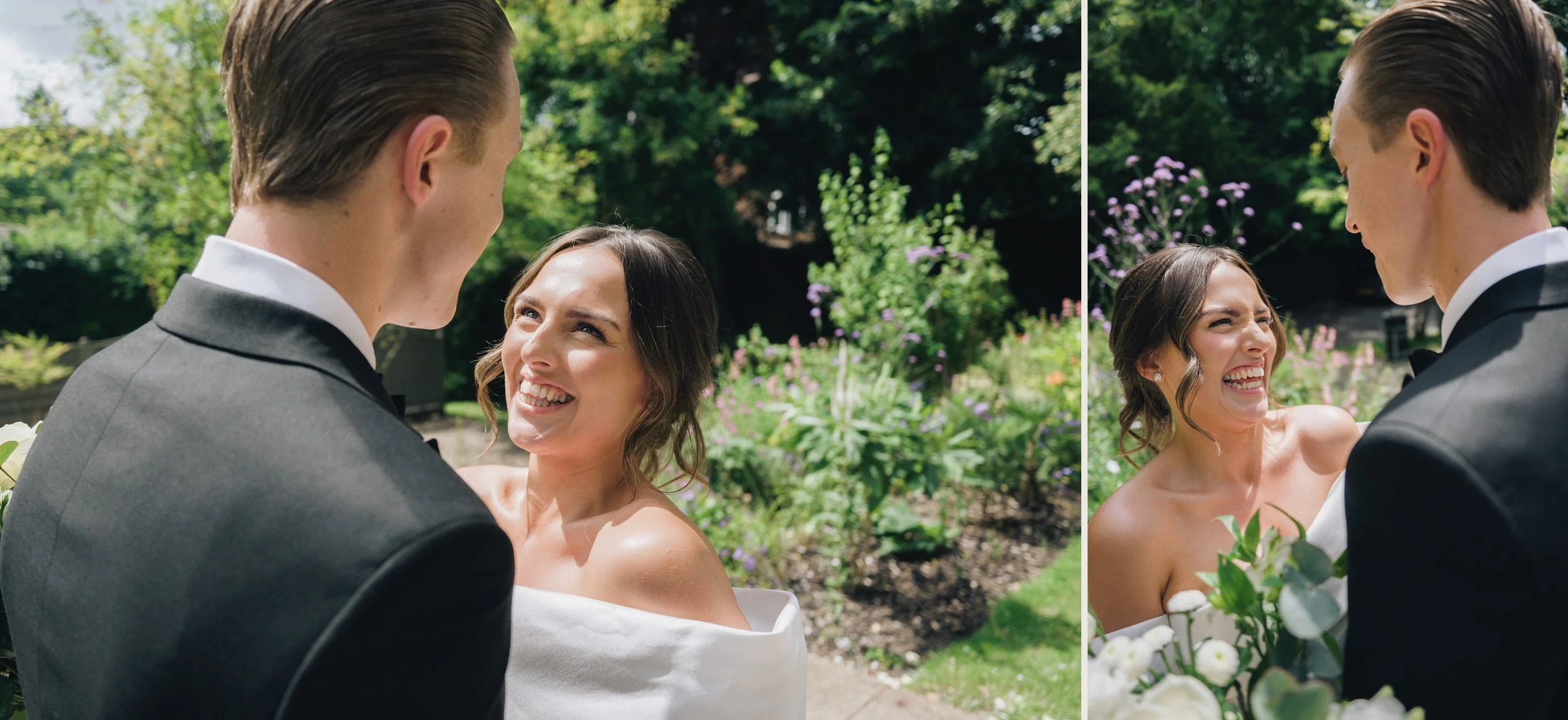 Just married couple and their wedding photographer taking photos outside their Surrey wedding venue in Guildford