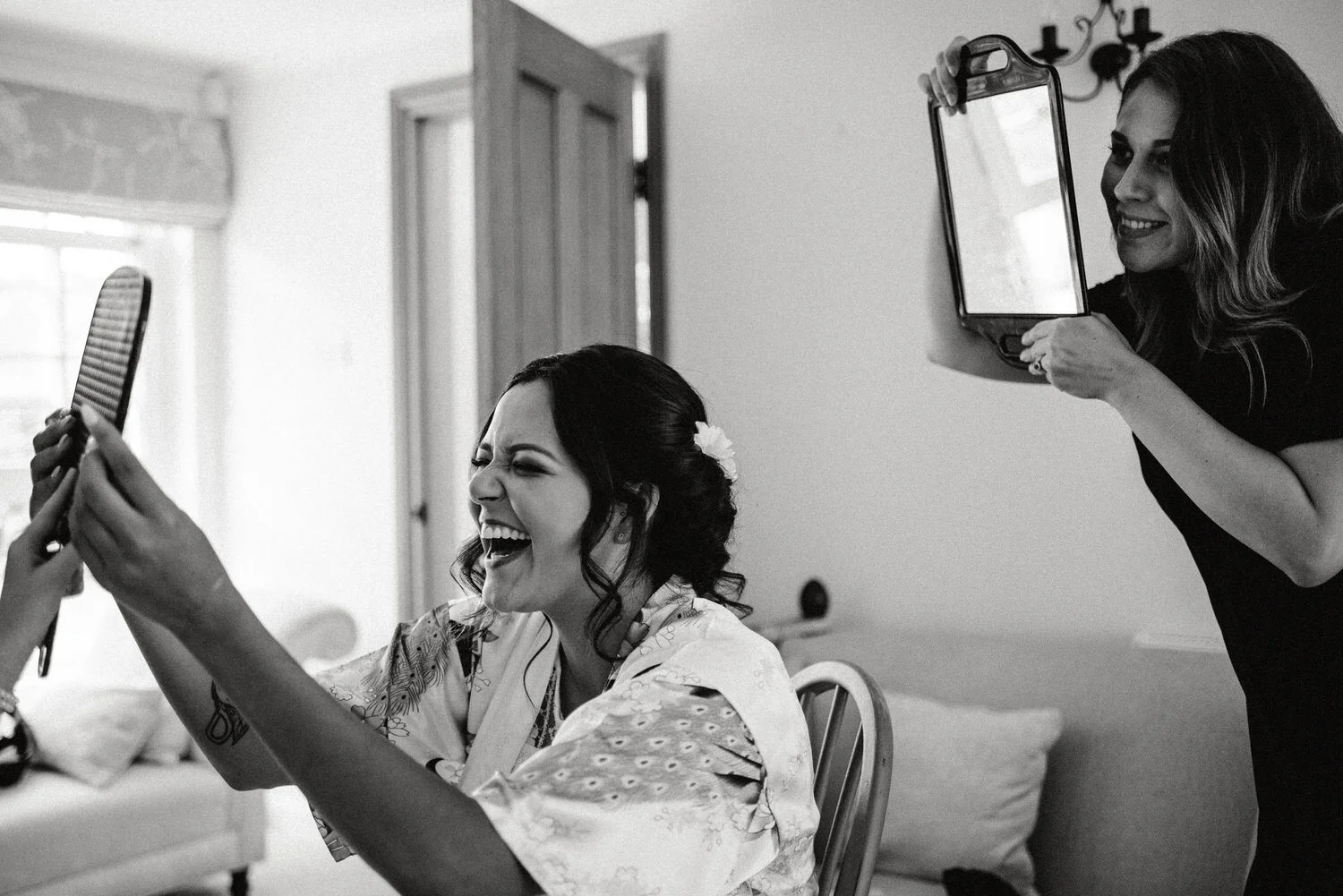 Surrey bride getting ready with hair stylist
