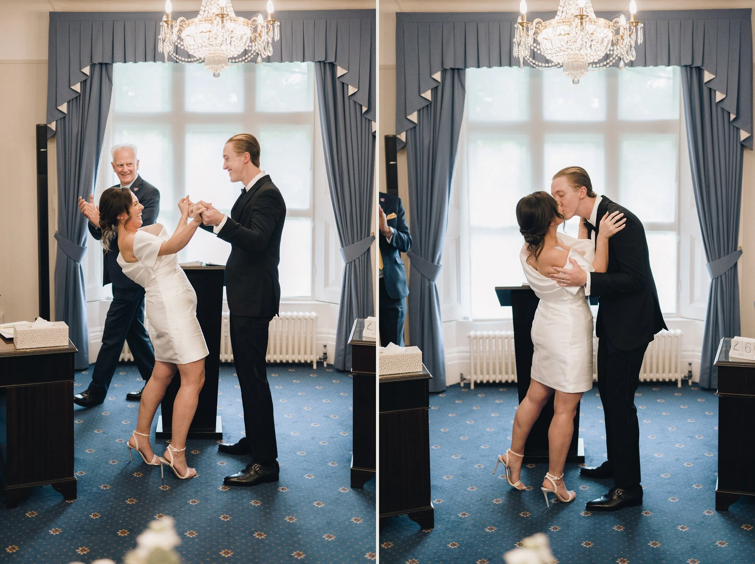 The groom kisses the bride