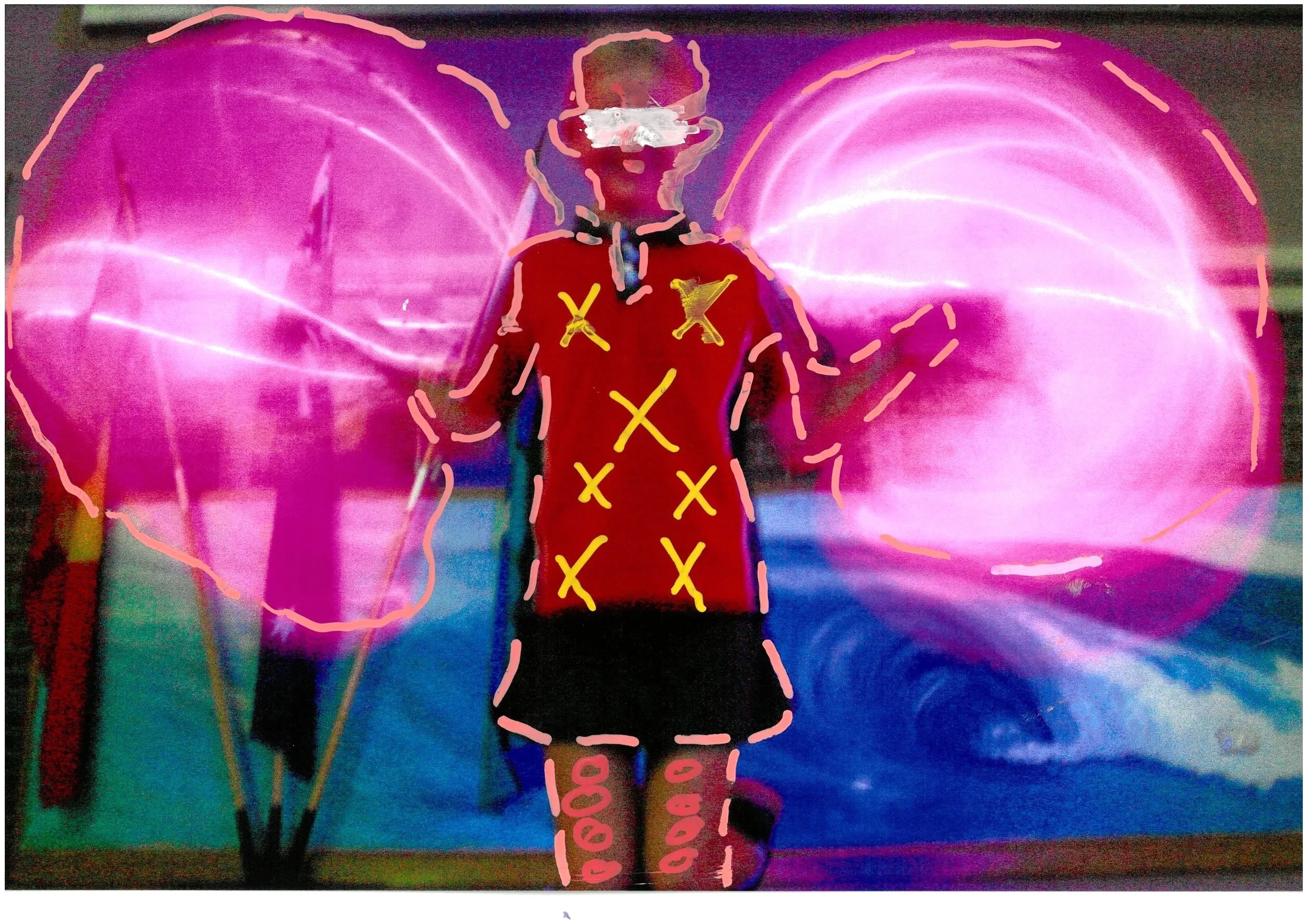 Abstract illustration of human with pink wings, blindfold and red shirt.