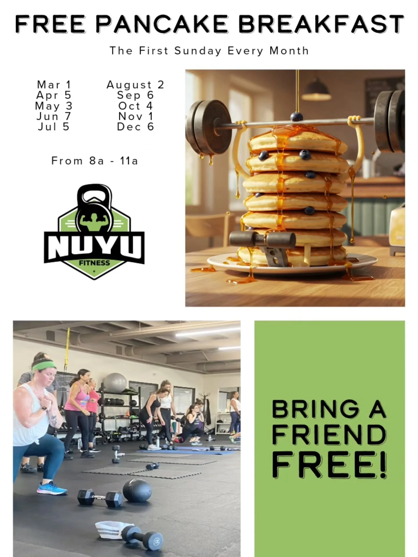 The First Sunday of Every month Coach Tom will be serving up protein pancakes at nuYu. Pancake day will also be Bring a Friend Free day because Coach Tom likes cooking