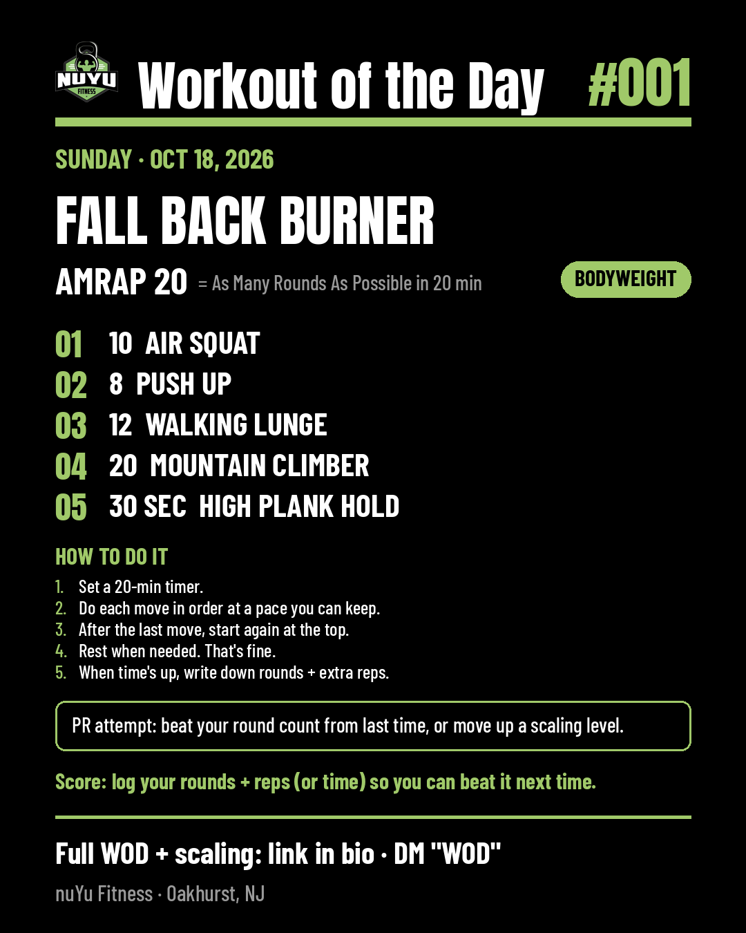 nuYu WOD #001: Fall Back Burner, AMRAP 20