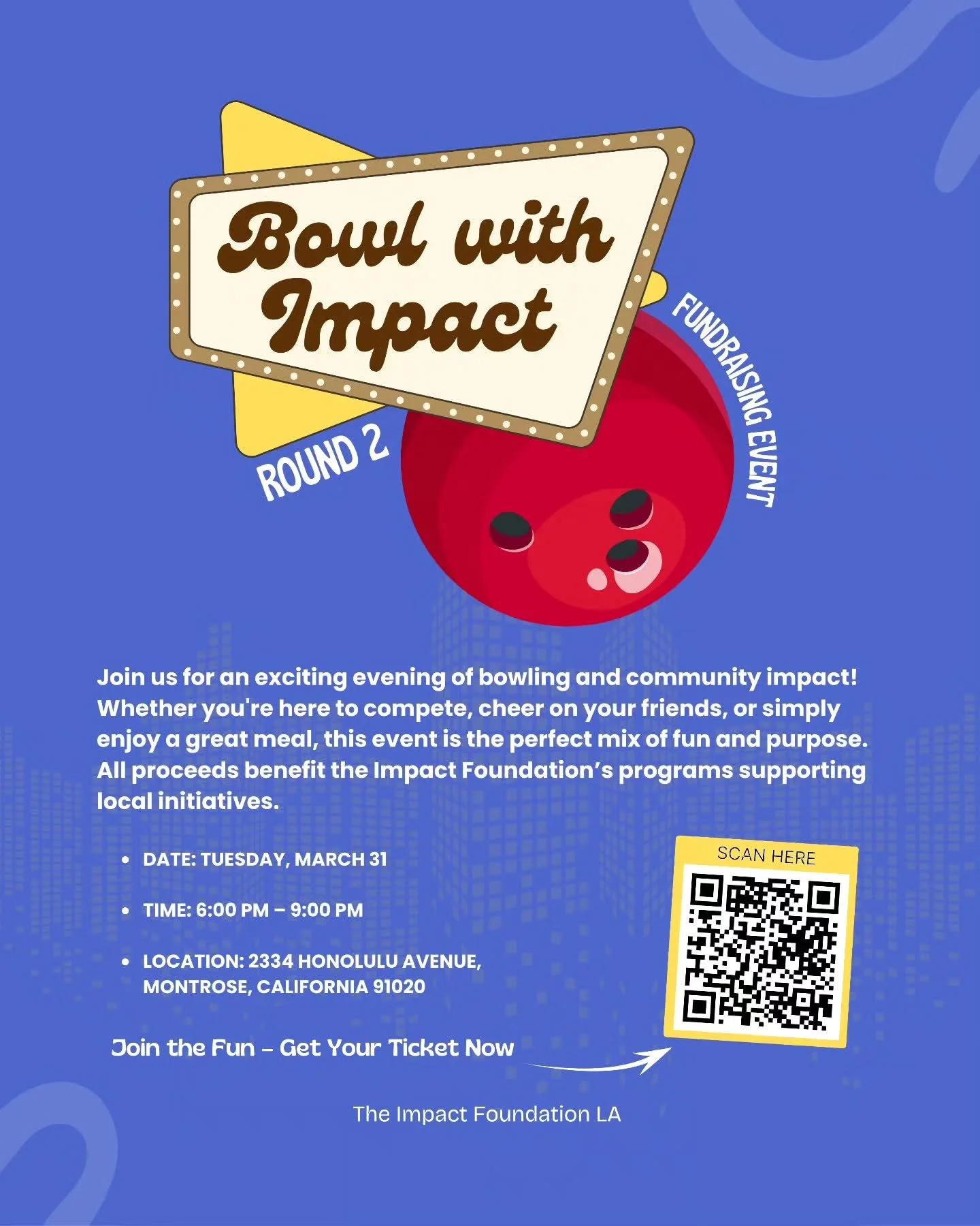 🎳 Ready to roll? Bowl with Impact - Round 2 is here! 🎳

Join us for another epic evening of bowling, community, and making a real difference. Whether you're here to compete, cheer, or just enjoy a fantastic meal, this event is the perfect mix of fu