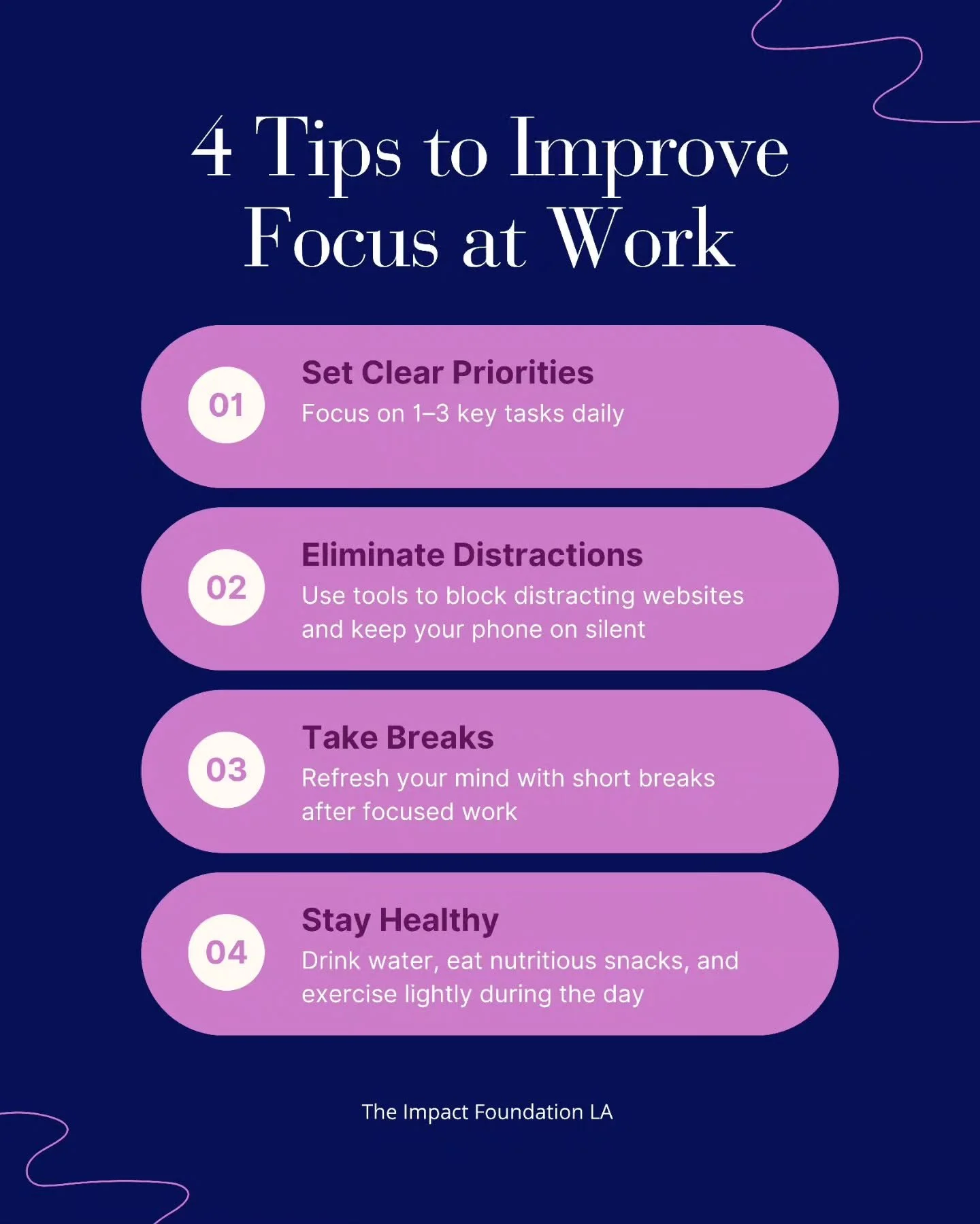 Boost your productivity with these 4 simple habits:

​✅ Prioritize: Focus on 1&ndash;3 key tasks.

🚫 Minimize: Block distractions and silence your phone.

☕ Recharge: Take short breaks to stay sharp.

🍎 Fuel: Stay hydrated and eat well.

​Small shi