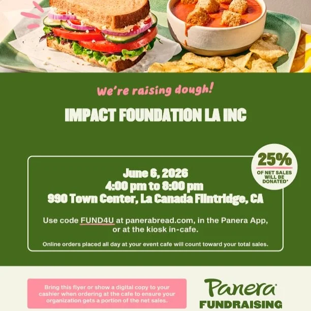 We&rsquo;re not just grabbing food&mdash;we&rsquo;re building iMPACT together 🍞💙

June 6 from 4&ndash;6 PM
Panera Bread will donate 25% of sales back to CV CARES + iMPACT Foundation LA Inc. when you use code FUND4U or show the flyer.

📍 Panera Bre