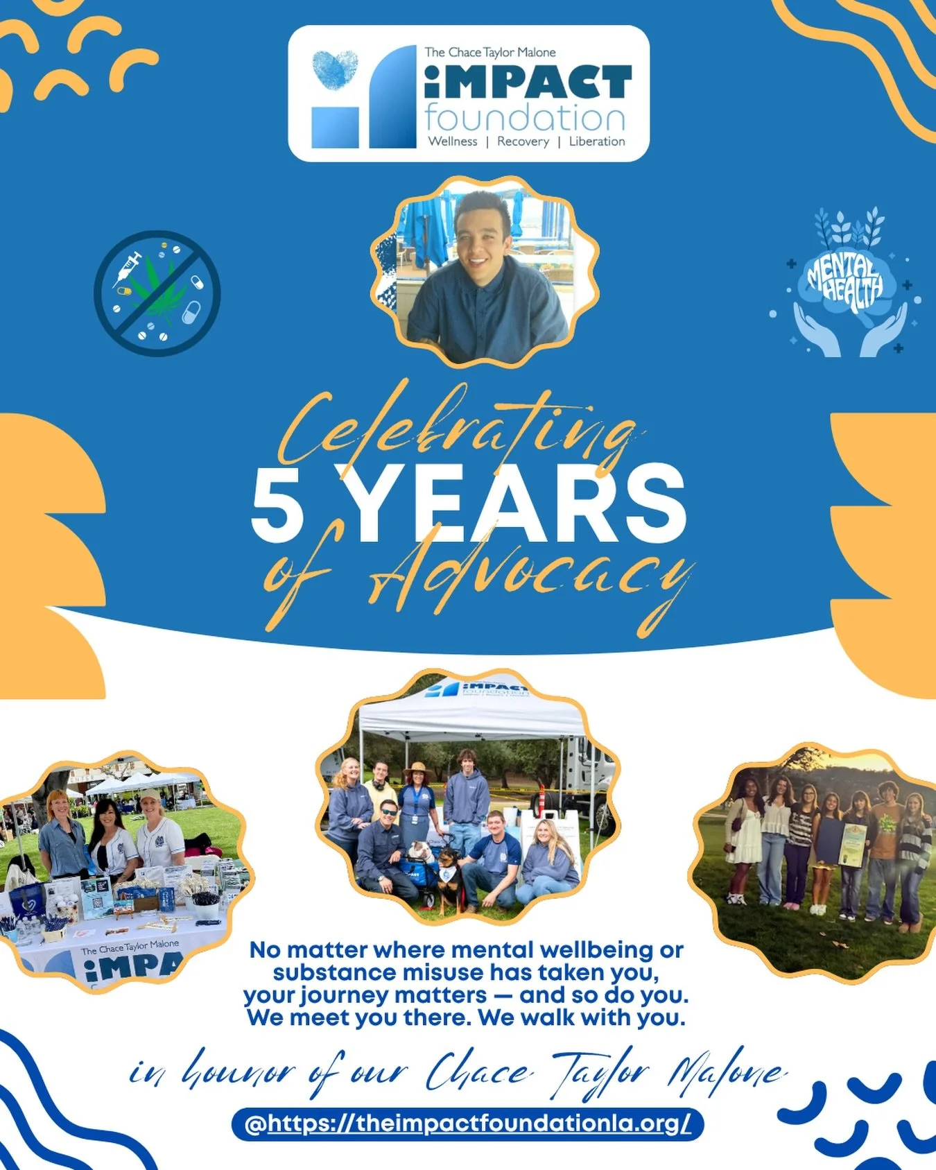 .
🫶 5 Years of Advocacy.
5 Years of Showing Up.
5 Years of Walking the Path Together.
Five+ years ago, the loss of 
Chace Taylor Malone left a wound 
in our hearts &mdash; and from that wound, the foundation was born. 
Chace&rsquo;s spirit of connec