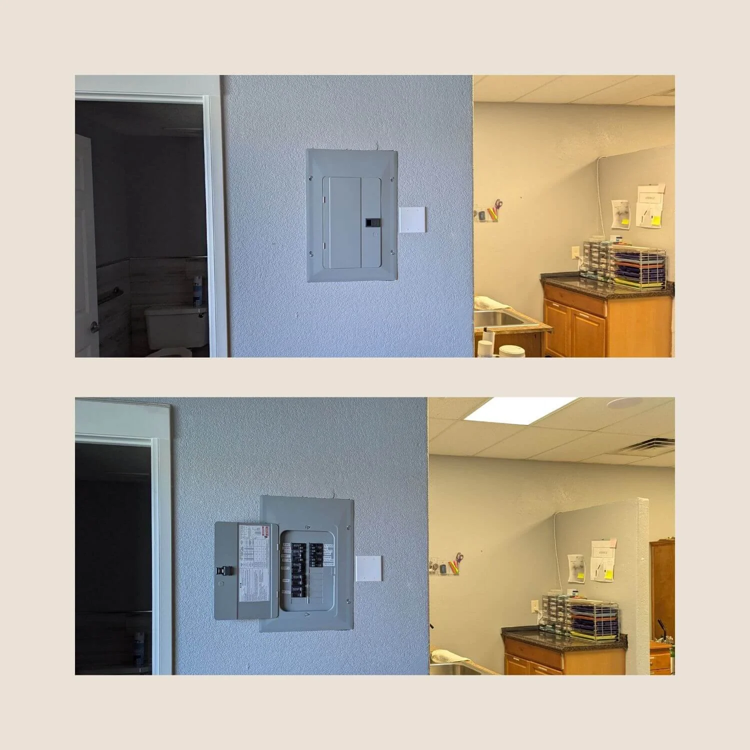 An MTE Electric electrician upgraded the electrical panel at Sunburst Dental in Apple Valley, California, replacing an overcrowded panel where multiple circuits shared breakers. The new panel provides additional breaker space, allowing each circuit t