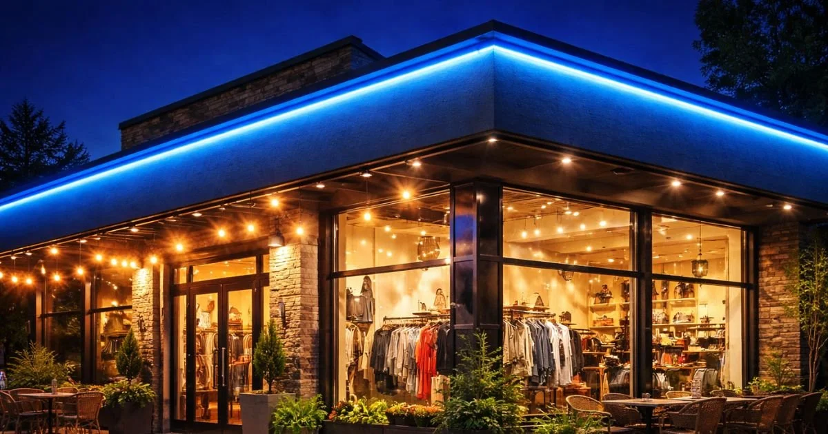Retail storefront illuminated with blue LED architectural lighting, highlighting exterior accent lighting design and modern commercial building features at night.