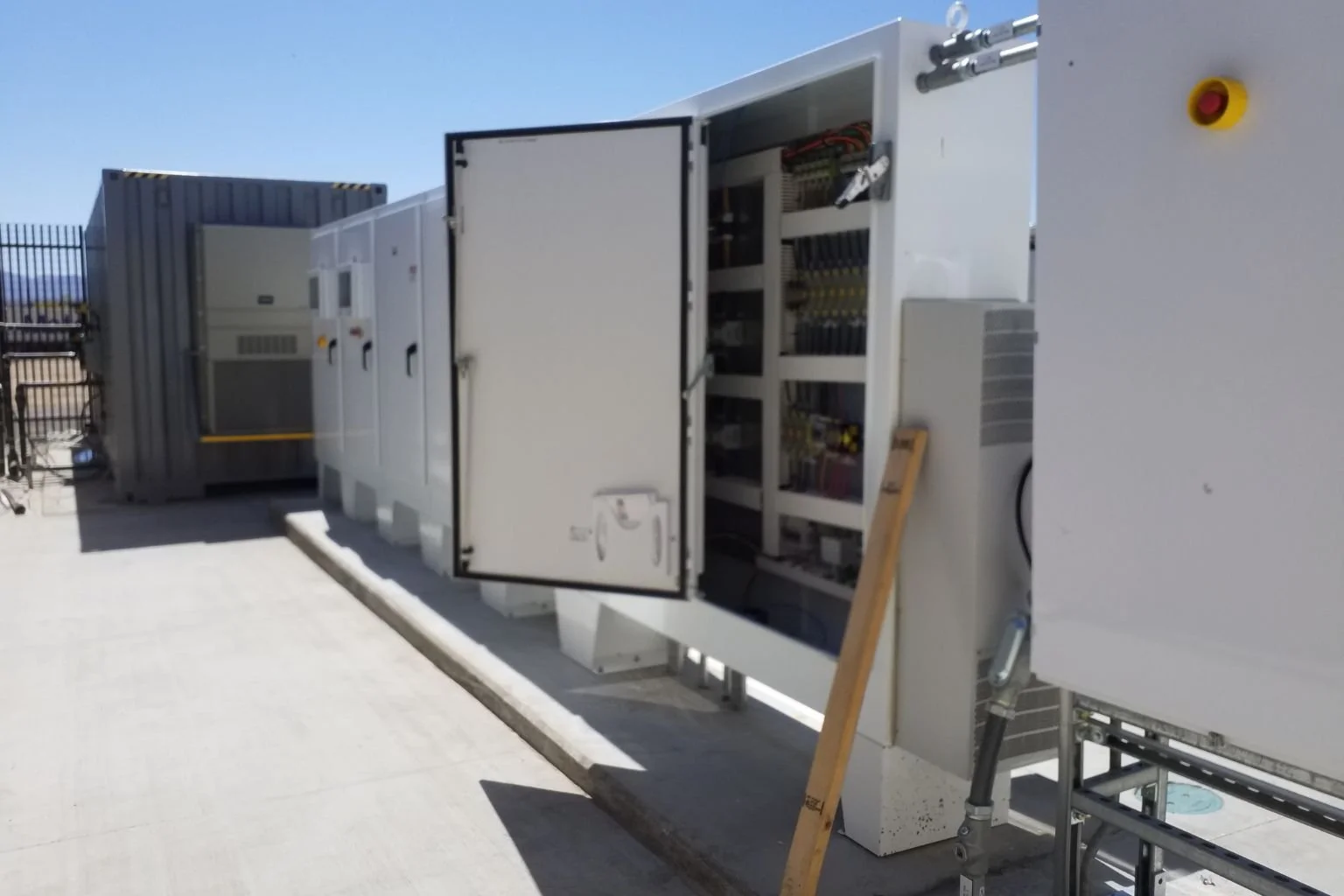 Open industrial electrical control cabinet at a hydrogen plant in Apple Valley, California during safety switch and electrical repair service by MTE Electric.