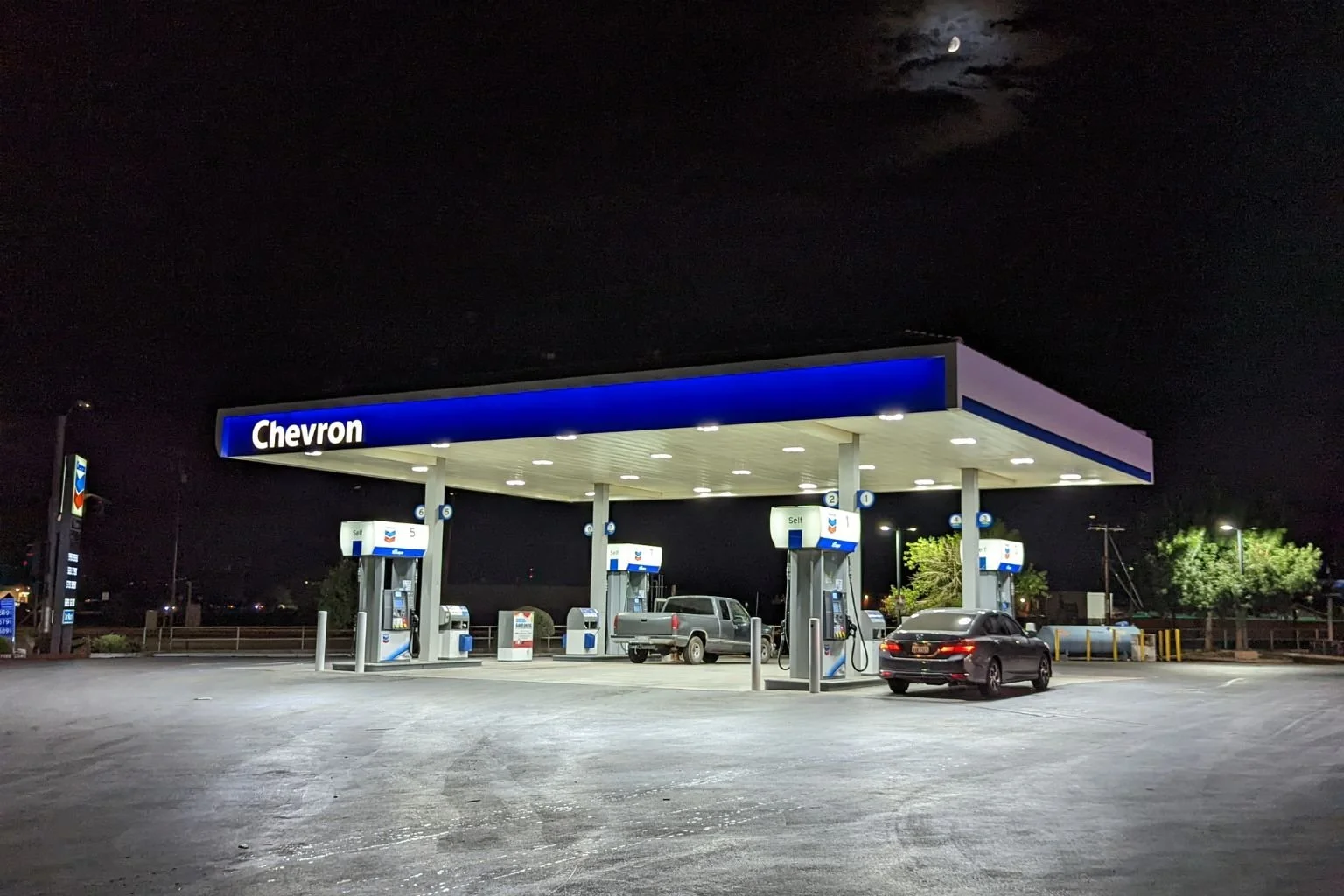LED canopy lights installed at Chevron gas station in Apple Valley CA replacing metal halide fixtures.
