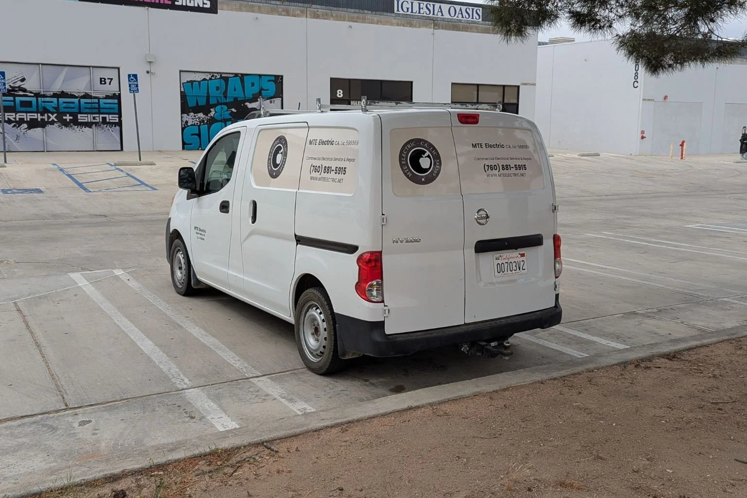 MTE Electric service van parked at a commercial property in Barstow CA providing professional electrician services.