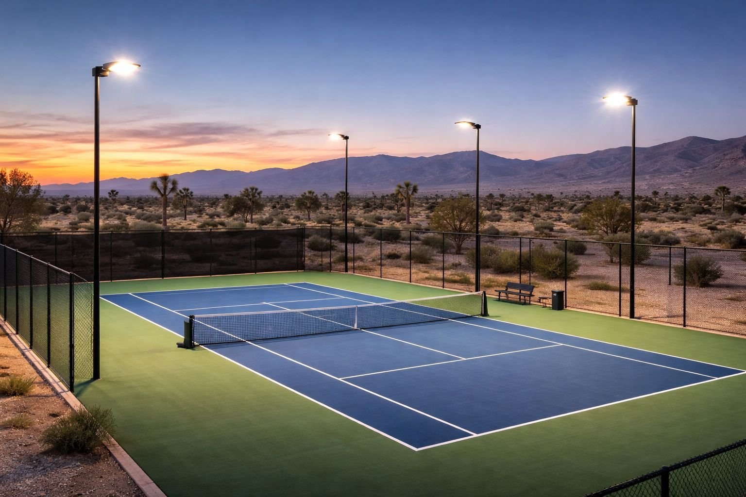 High desert tennis court with professional recreational lighting serviced by an electrician.