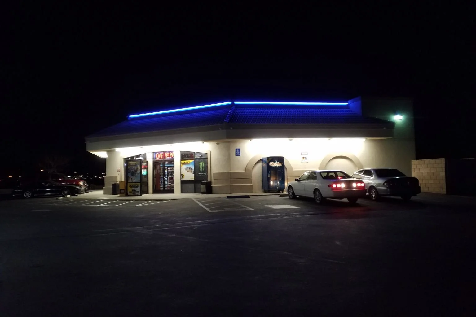 Commercial electrical upgrade at service station in Apple Valley, CA – neon-to-LED roofline conversion and LED soffit lighting installation