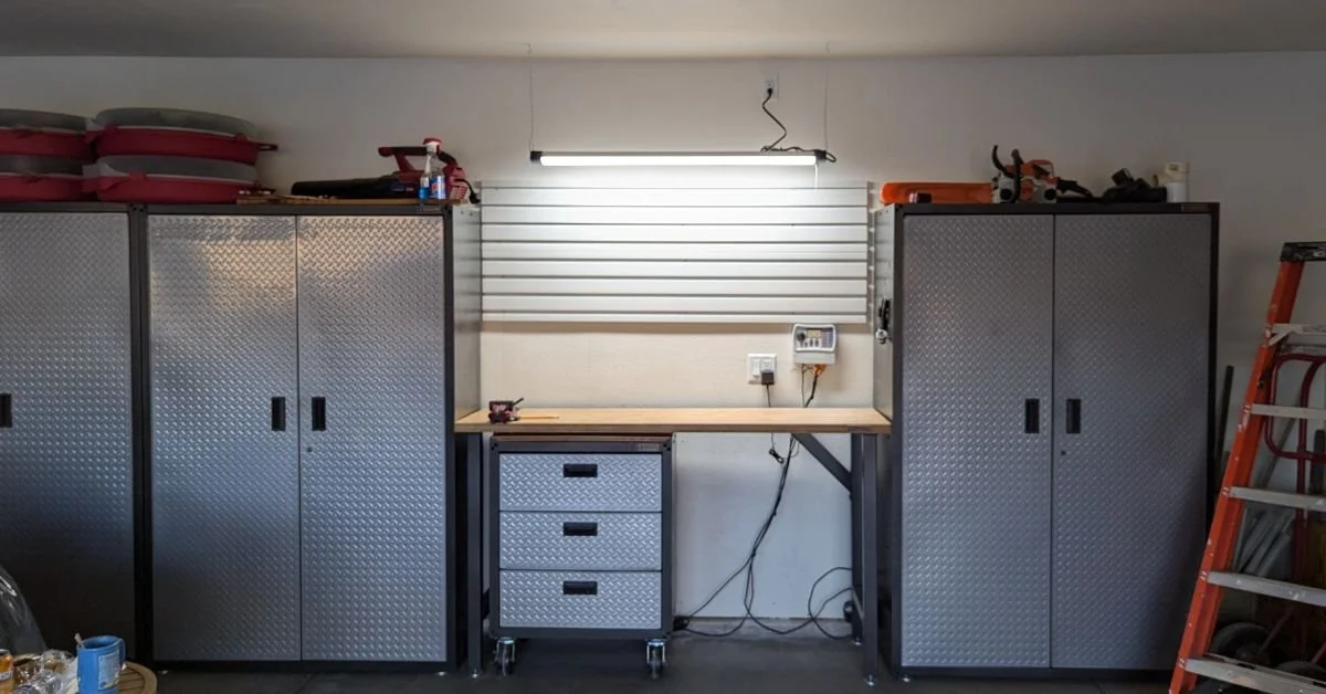 This Hesperia homeowner needed better lighting over the workbench—our electrician installed new wiring and an outlet for the perfect solution.