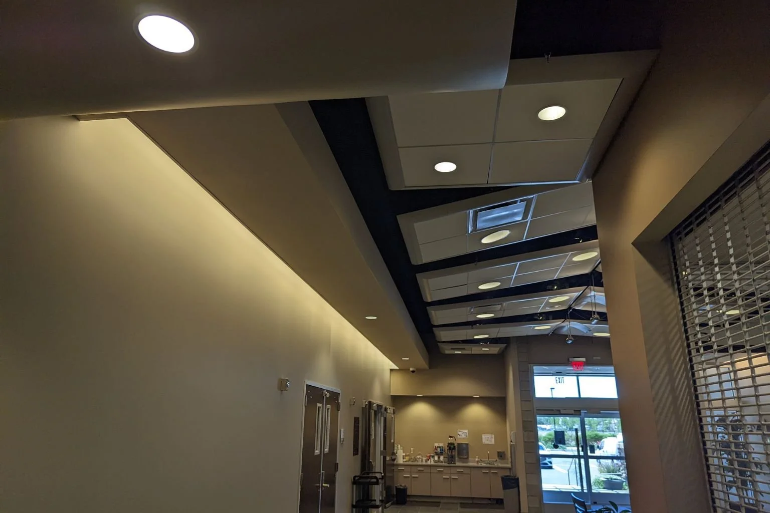 Lobby corridor at Mojave Water Agency in Apple Valley CA with upgraded LED lighting installed by a commercial electrician in the Town of Apple Valley.