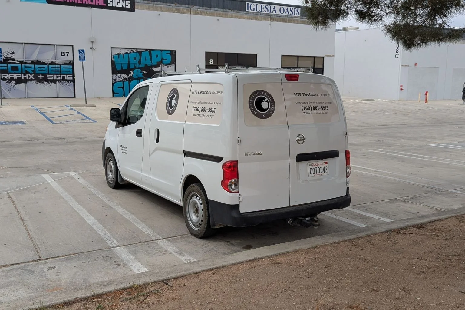 MTE Electric service van parked at a commercial property in Lenwood CA providing electrical services for local businesses.