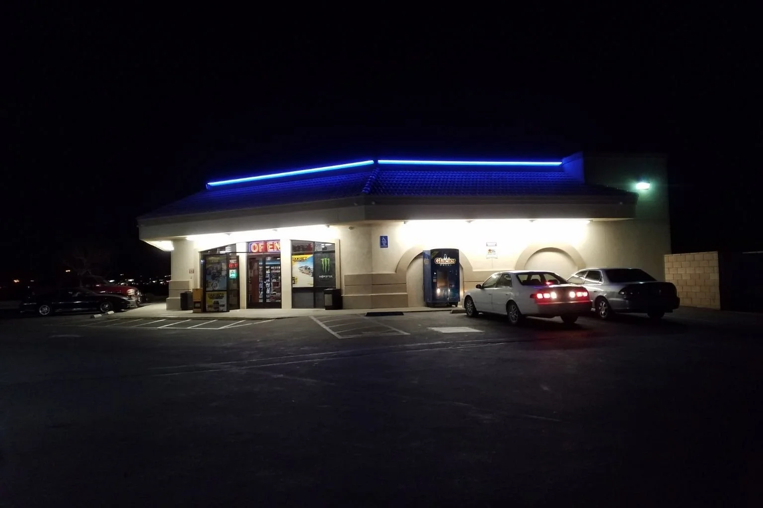 Our electrician replaced the existing red neon lights with  LED at the top of this convince store in Apple Valley, CA.