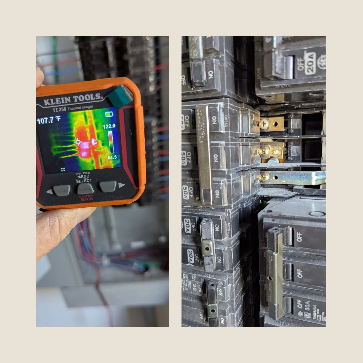 A thermal inspection during a service call in Victorville identified excessive heat at the connection between a 50-amp three-phase breaker and the panel busbar. The breaker supplied a water heater that had been repeatedly blowing fuses. Testing showe