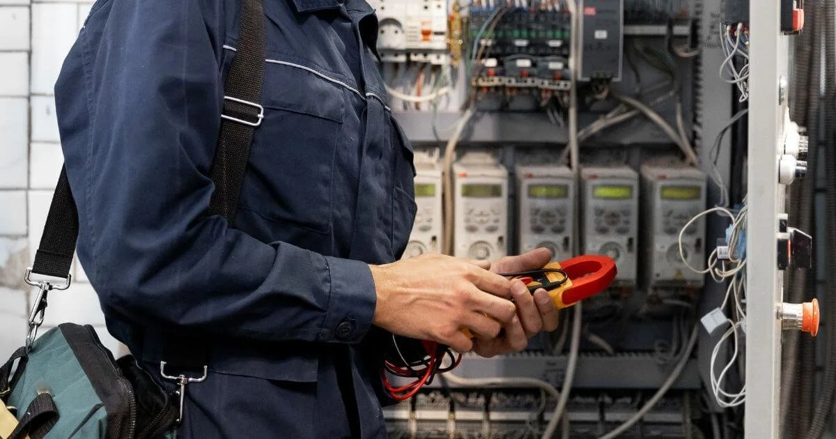 Electrician using electrical test equipment to troubleshoot a commercial electrical control system.