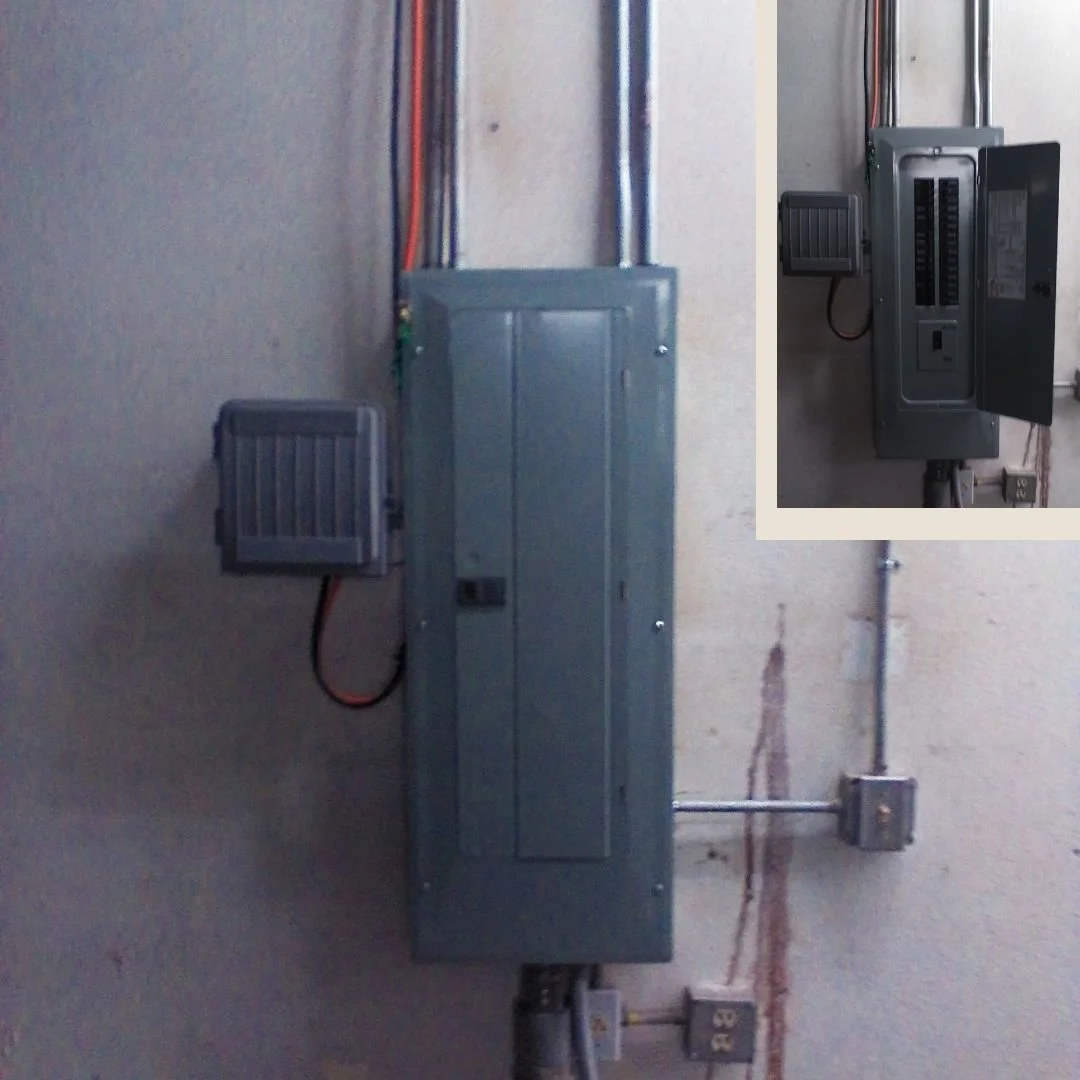 Our electrician replaced this damaged electrical panel at a Hesperia autobody shop after discovering dangerous arcing between the circuit breakers and the panel stabs, restoring safe and reliable operation.