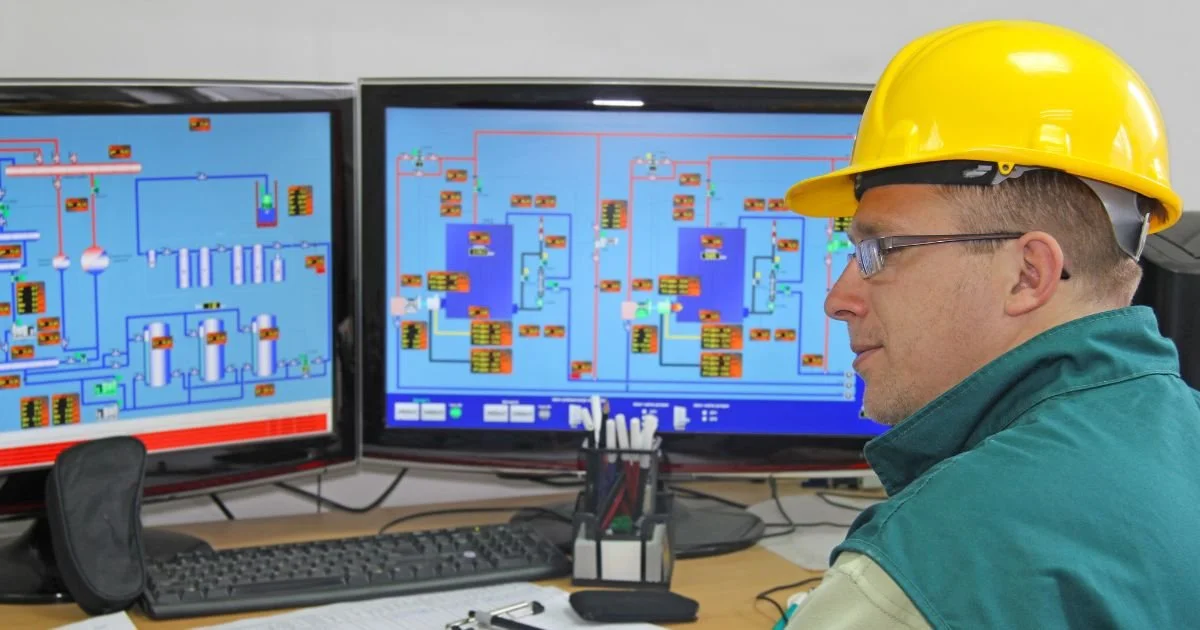 Electrician monitoring data cabling systems on dual computer screens.