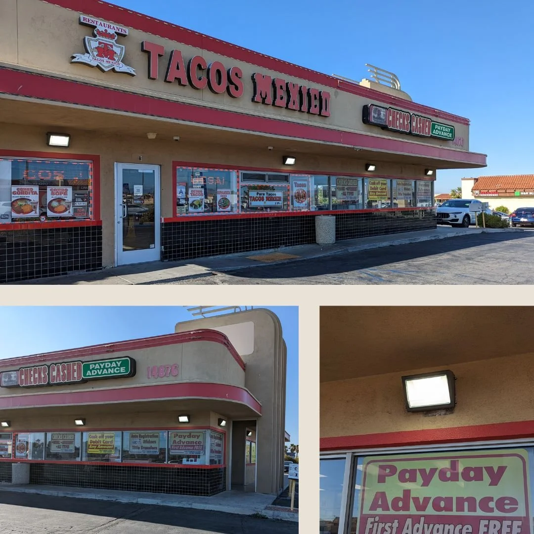 Our electricians replaced the existing exterior wall pack lights with energy-efficient LED fixtures, improving visibility and safety around this restaurant and payday advance location in Victorville, California.