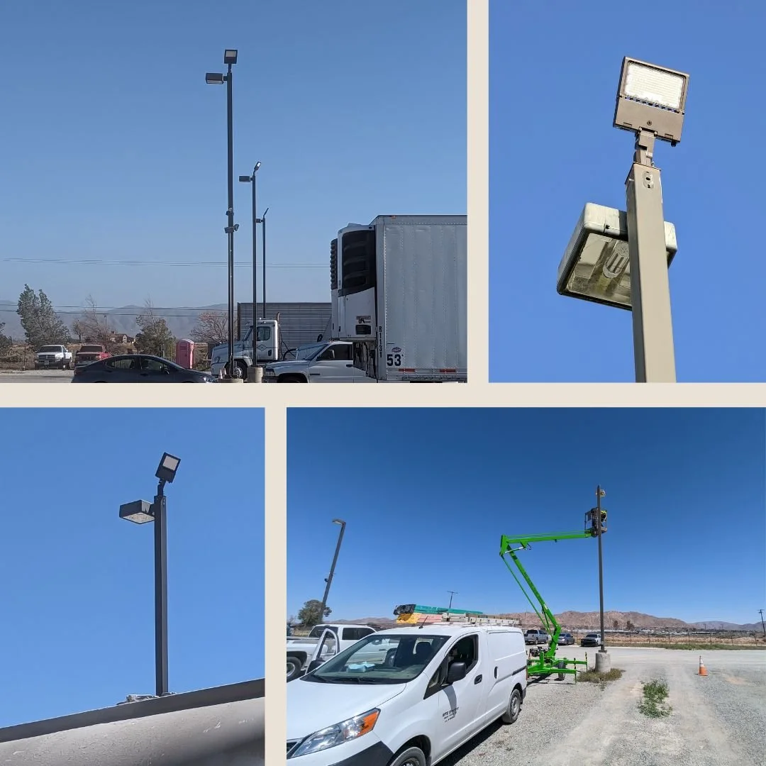 Upgrading parking lot light poles in Apple Valley, California—our electrician converted the existing metal halide fixtures to energy-efficient LED and added LED flood lights to illuminate the back of this truck storage lot.