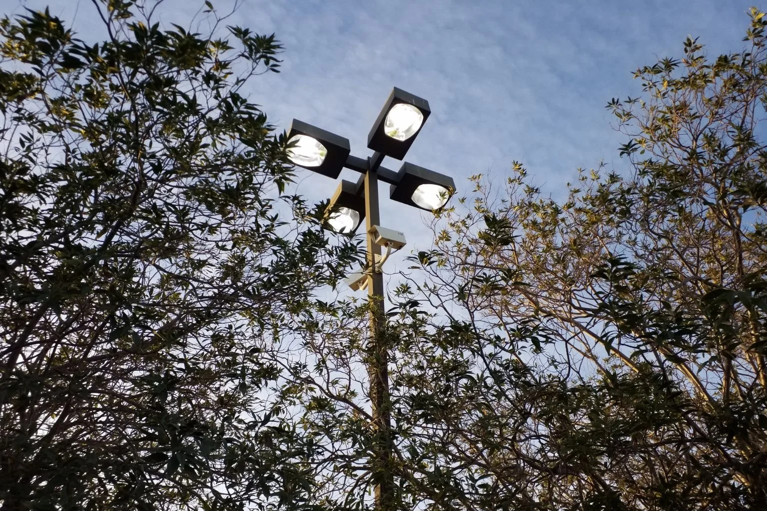 Four commercial square parking lot light fixtures retrofitted with LED lamps on a single pole in Victorville, California.